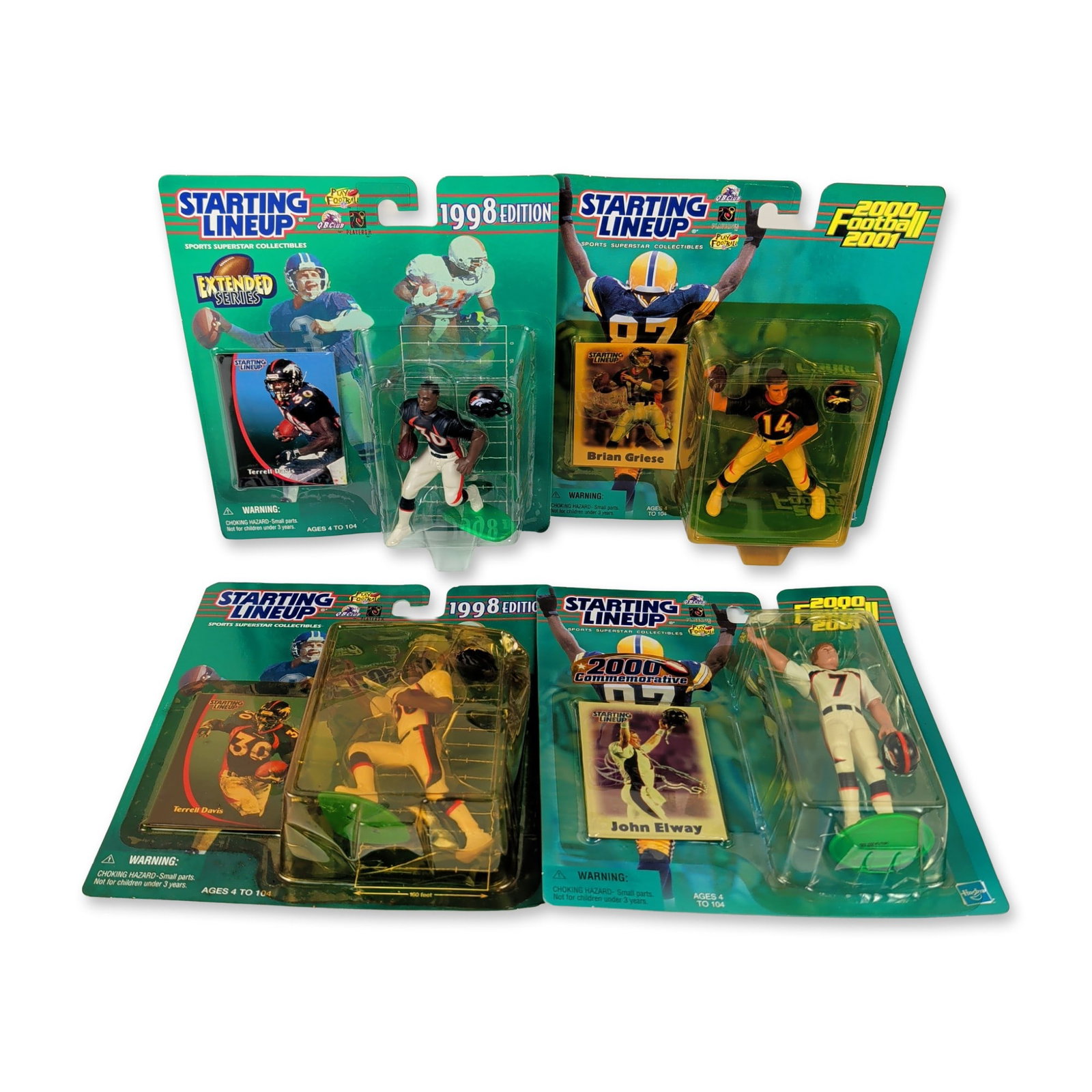4pc Denver Broncos Kenner and Hasbro Starting Lineup Action Figure Collection: This four-piece collection of sports action figures features prominent members of the Denver Broncos football franchise in original factory-sealed blister packaging. The assortment comprises a John El