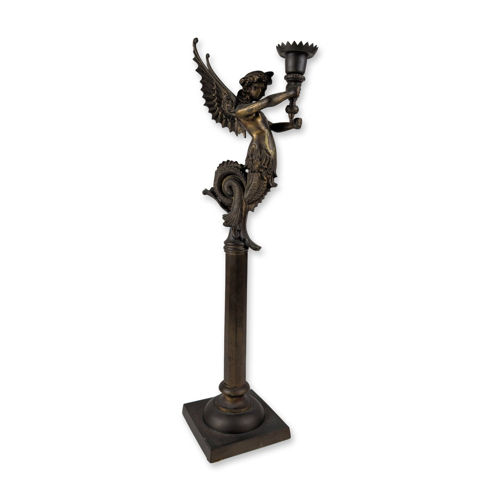 French Empire Style Winged Mermaid Figural Candlestick: This classical French Empire revival style decorative figural candlestick depicts the mythological winged sea spirit Melusine. The central figure features outstretched feathery wings and a scaly,