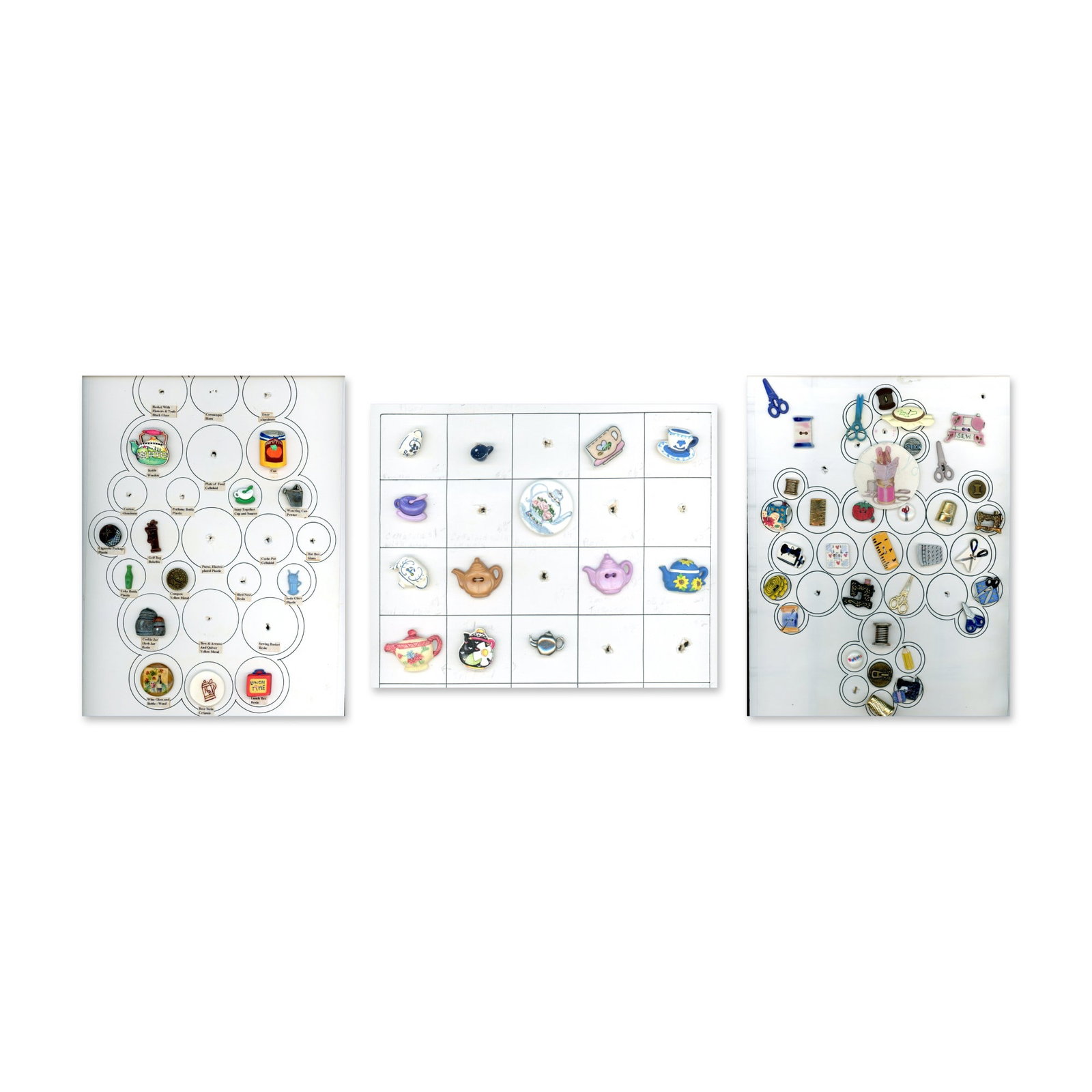 3 CARDS OF ASSORTED REALISTIC SHAPED BUTTONS: 60 S/M/L 20th century examples in assorted materials. This is a nice selection to include sewing instruments, Teapots, and a variety of other objects. Dimensions: SM=Less than 3/4", Medium=3/4" to 1 1