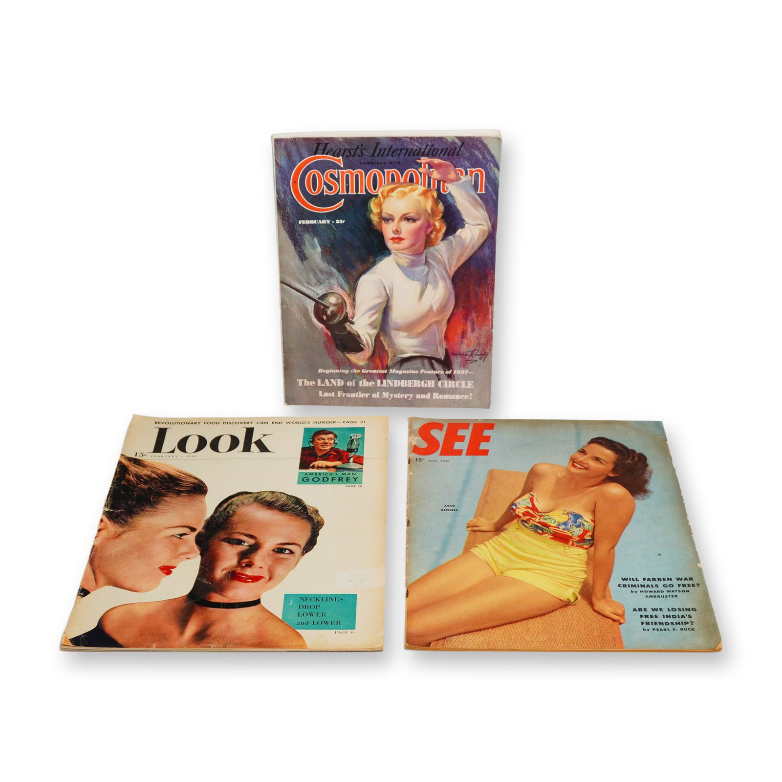 A Trio of Vintage American Periodicals: Cosmopolitan, See, and Look, 1937-1949: This lot consists of three vintage American magazines from the mid-20th century. The collection includes Hearst's International combined with Cosmopolitan (February 1937), See (March 1948), and Look (