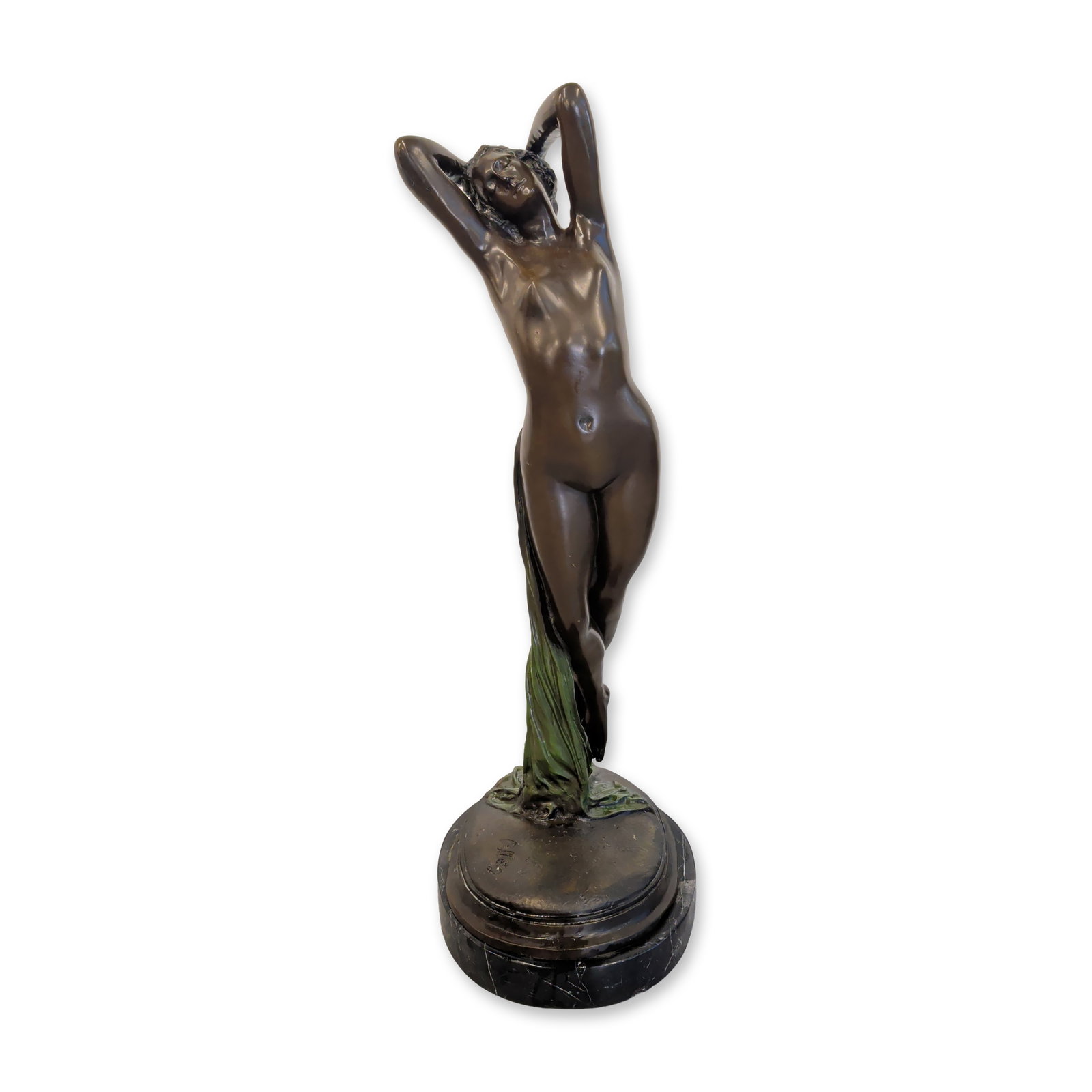After Edouard Louis Collet (Swiss, 1876-1961) Brass Sculpture, Nocturne: Solid brass sculpture titled "Nocturne" or Night. Standing at an impressive height, the expertly cast figural piece depicts a nude standing woman in a graceful stretching pose with her arms raised abo