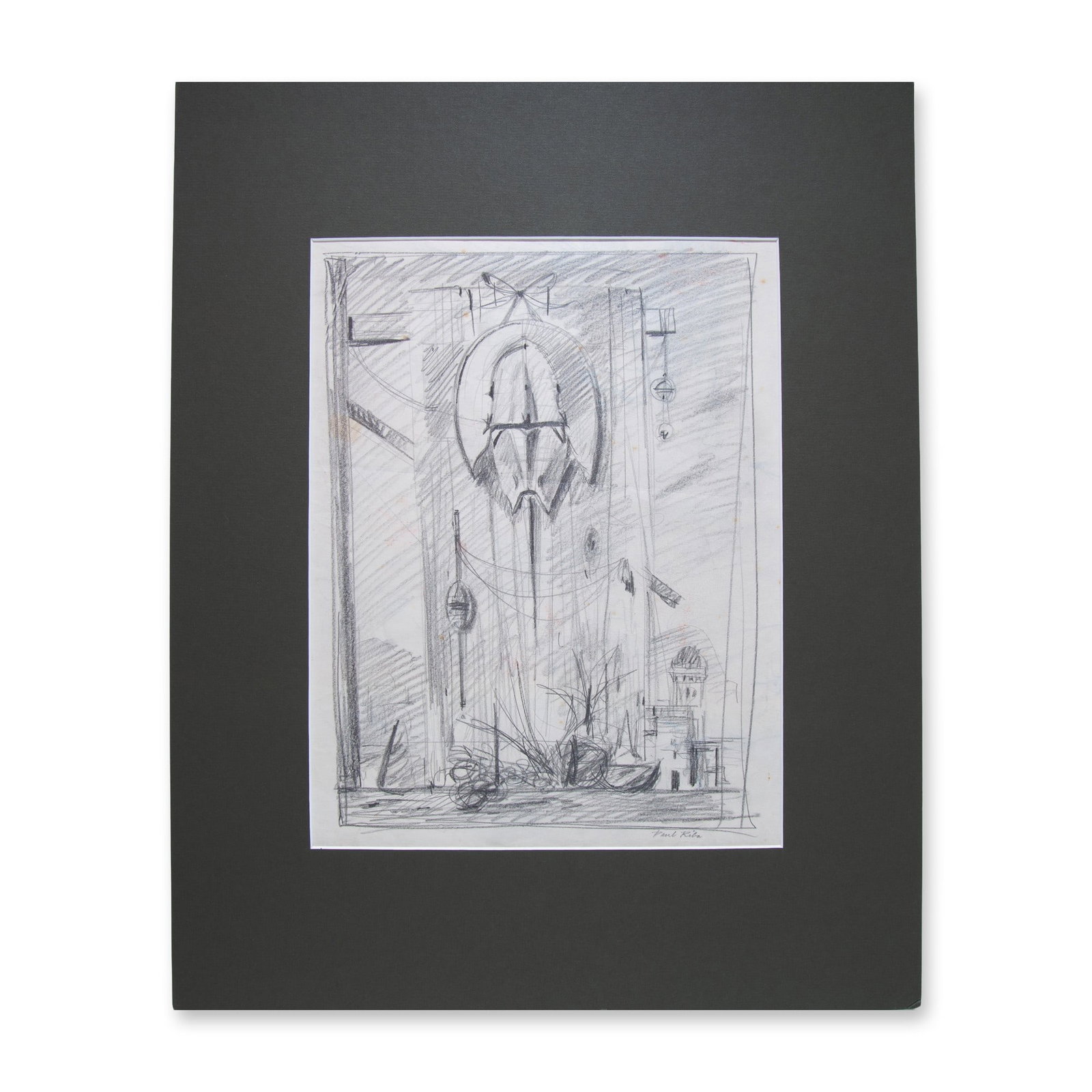 Paul Riba, Original Graphite Drawing on Paper, Signed: Medium size original graphite on paper drawing by Magic Realist artist Paul Riba. He has depicted a surreal scene where interior mundane objects and exterior fantastical elements fuse. Signature in gr