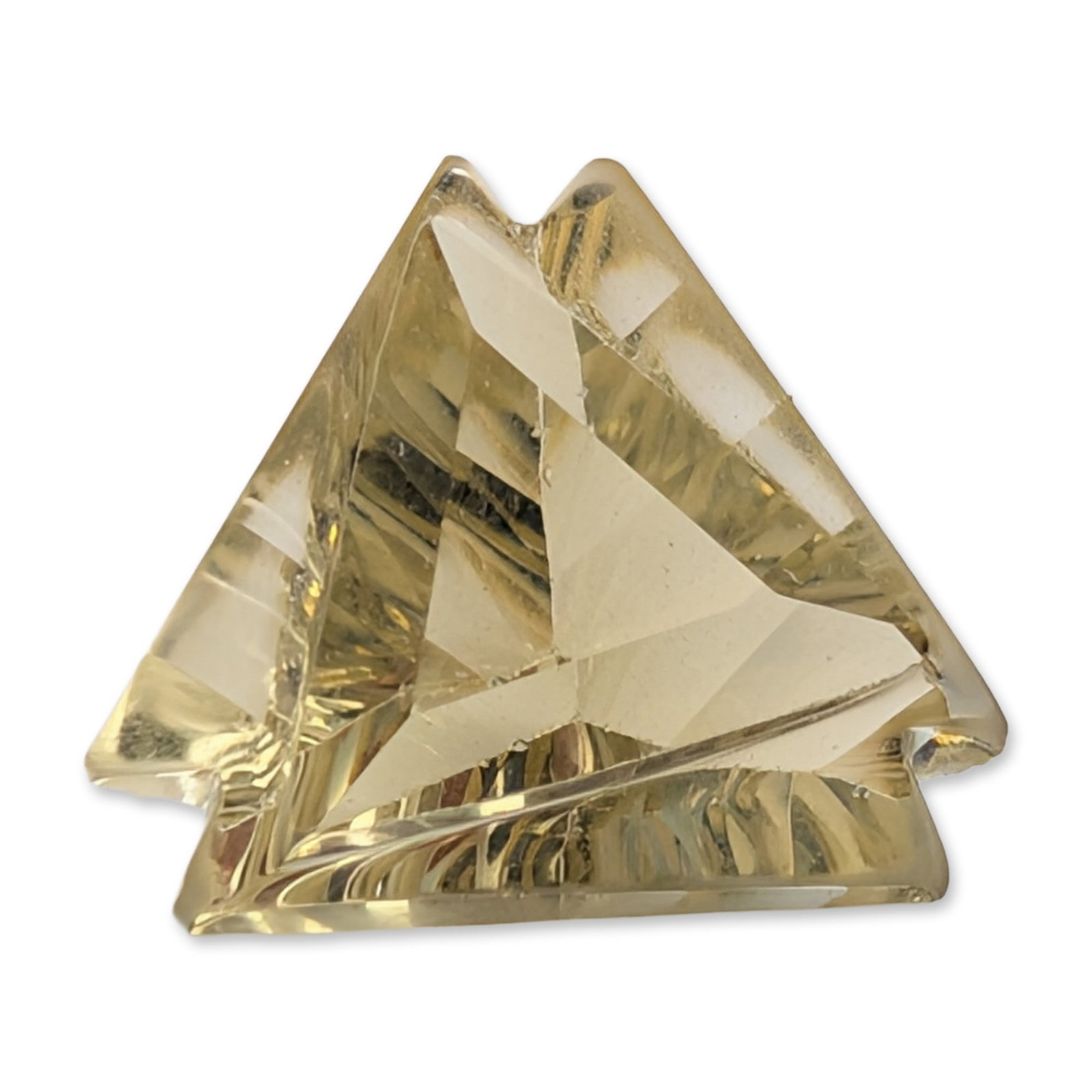 Fantasy Cut Pale Yellow Loose Quartz Gemstone: Loose sculptural gemstone, appears to be lemon quartz. The piece features a complex modified triangular fantasy cut with deep concave grooves and angular stepped facets, creating intricate internal