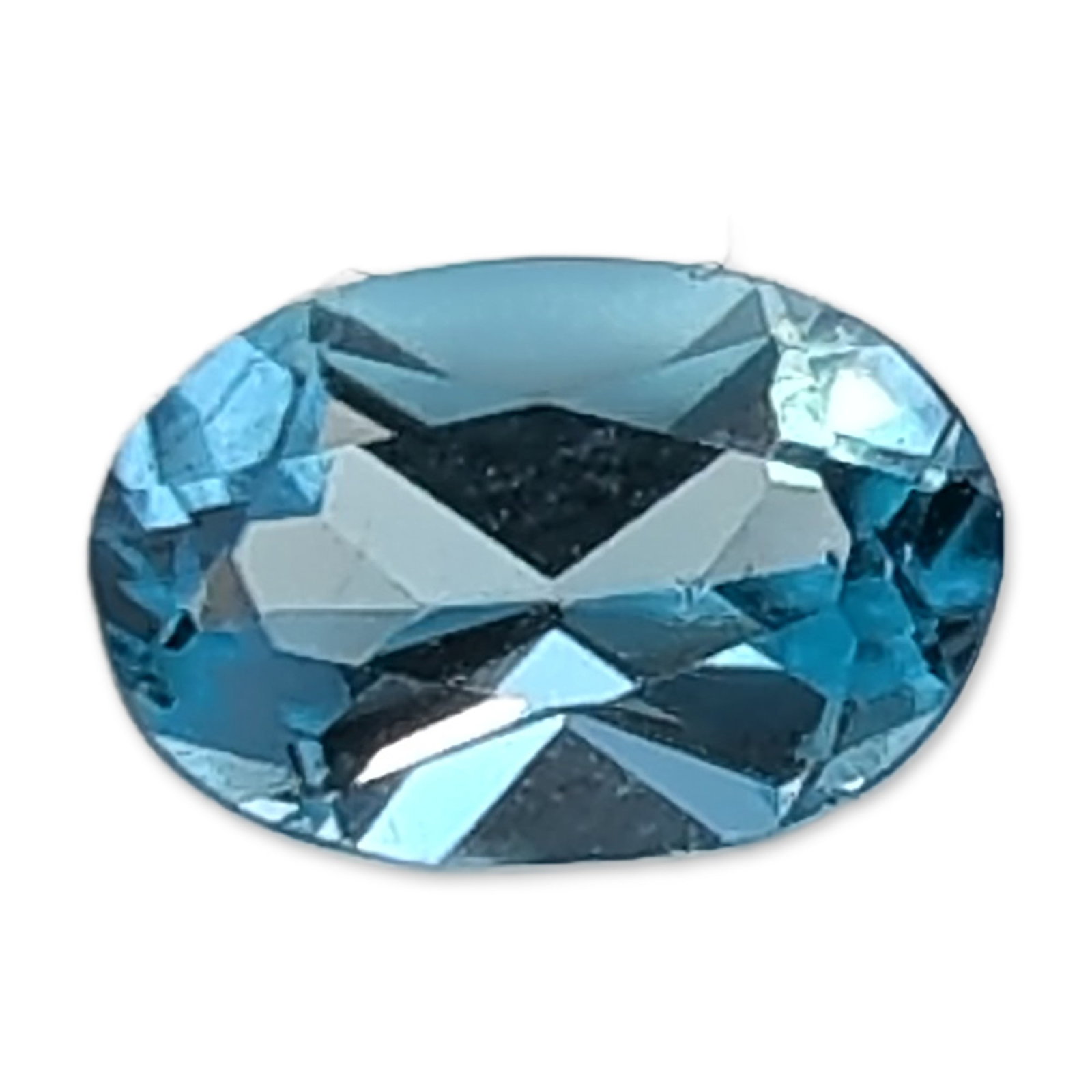 Oval Faceted Blue Topaz Gemstone: Loose oval faceted light blue topaz gemstone. The gemstone features eye-clean clarity with no internal inclusions visible. The girdle appears unpolished. 0.5ct Dimensions: 6 mm W