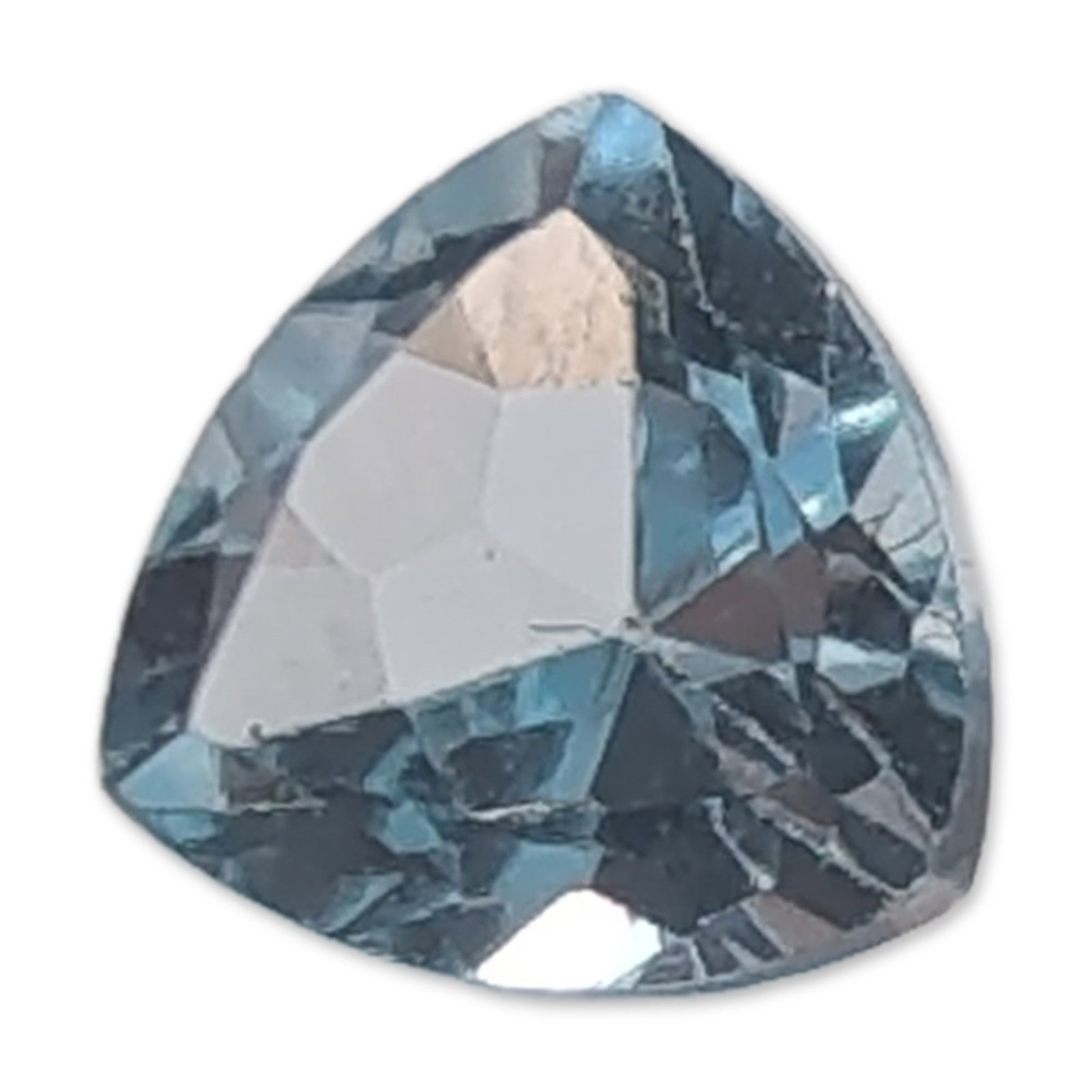 Trillion Cut Light Blue Topaz Gemstone: Single loose faceted topaz gemstone in a trillion cut, featuring a pale transparent blue color. The stone displays eye-clean clarity with no visible inclusions. Tested with Presidium Gem Tester II.