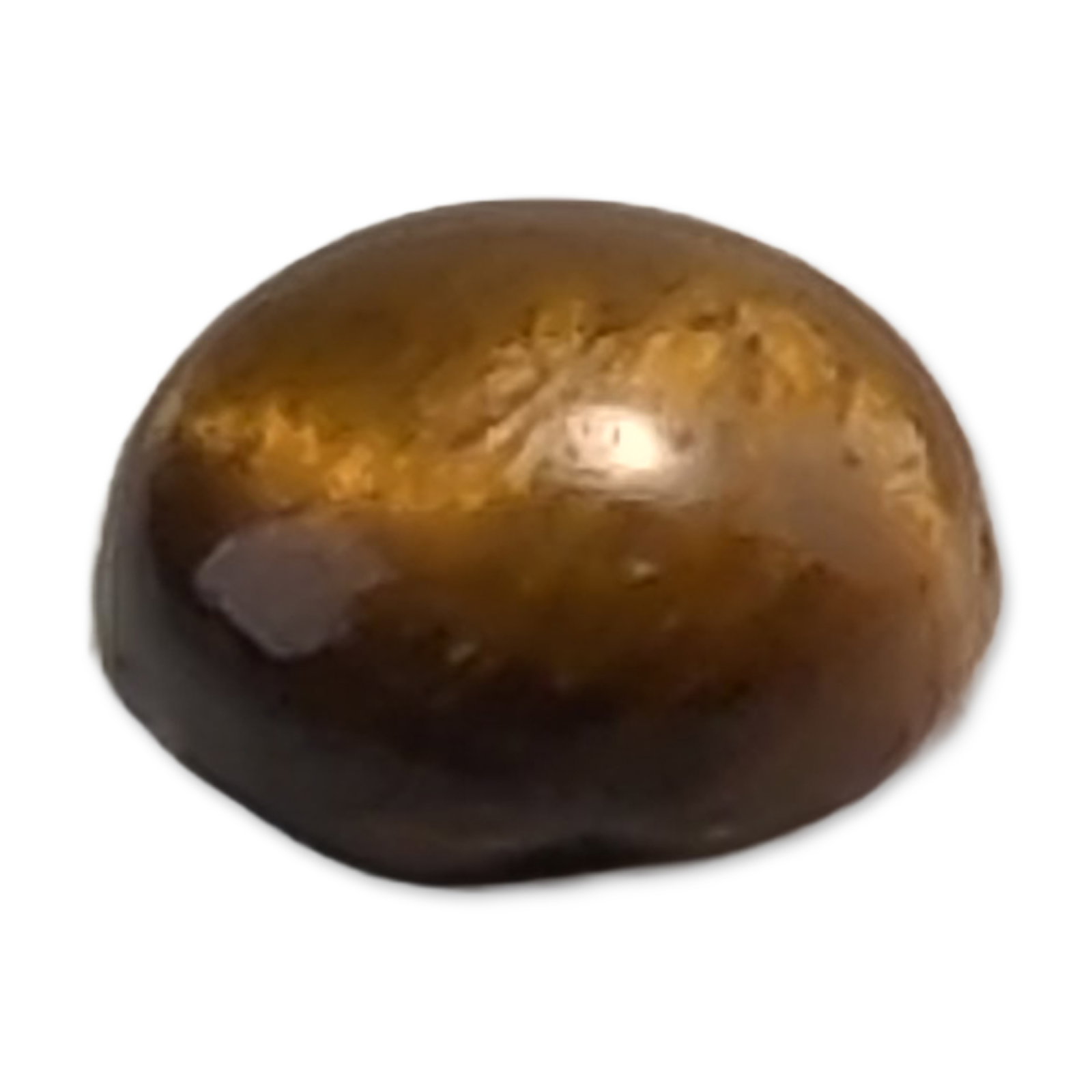 Honey Brown Tiger Eye Round Cabochon Gemstone: Loose tiger eye quartz gemstone. Round cabochon in a honey-brown color featuring a chatoyant band across the polished crown and a flat base. 6.8 mm diameter 1.2 carats. Dimensions: 6.8 mm