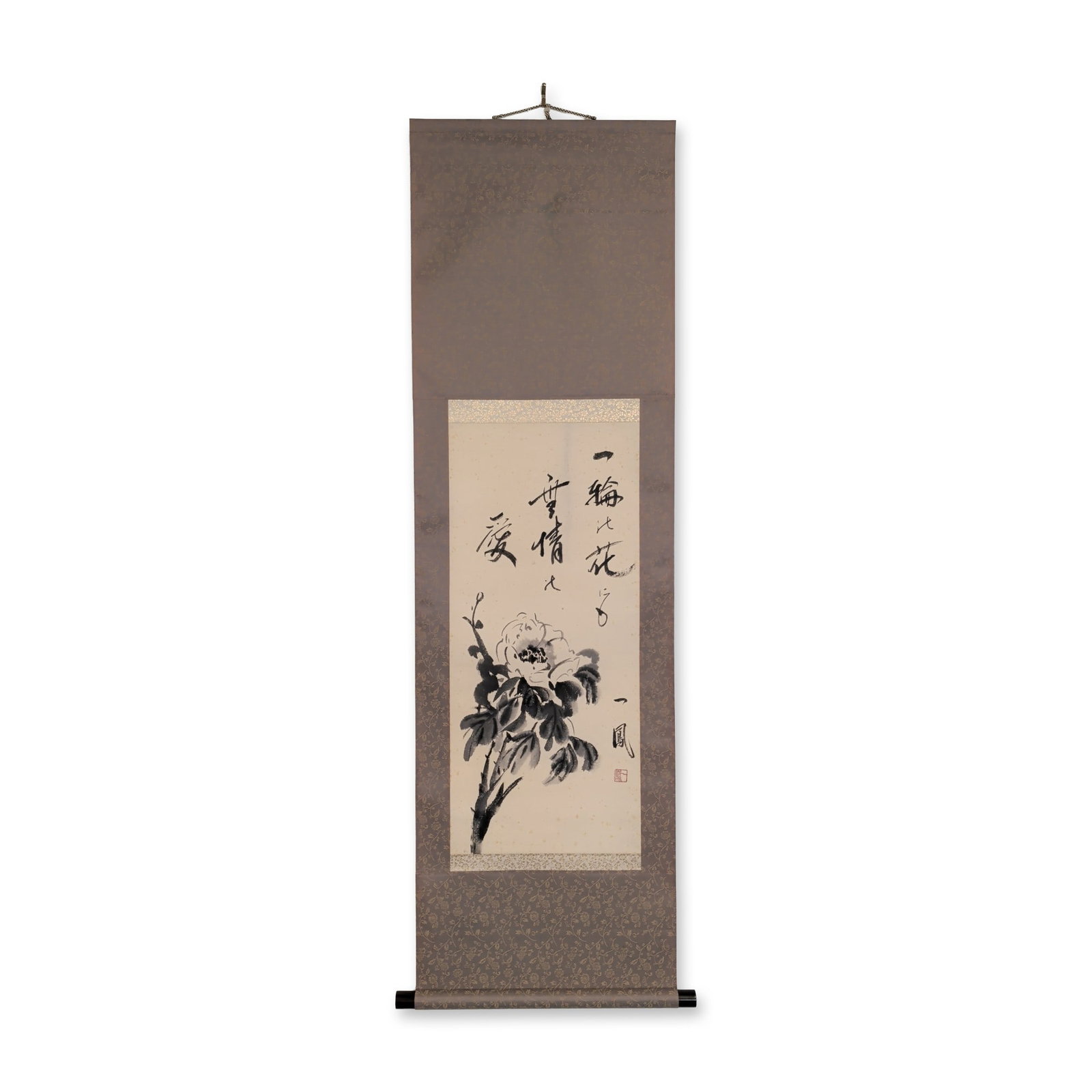 Japanese Ink Wash on Paper Hanging Scroll, Peony, Signed w/ Seal: Japanese hanging scroll in ink on paper featuring a single peony blossom depicted with confident brushwork. The work is mounted on a brown silk brocade with a floral pattern, accented by gold-patterne