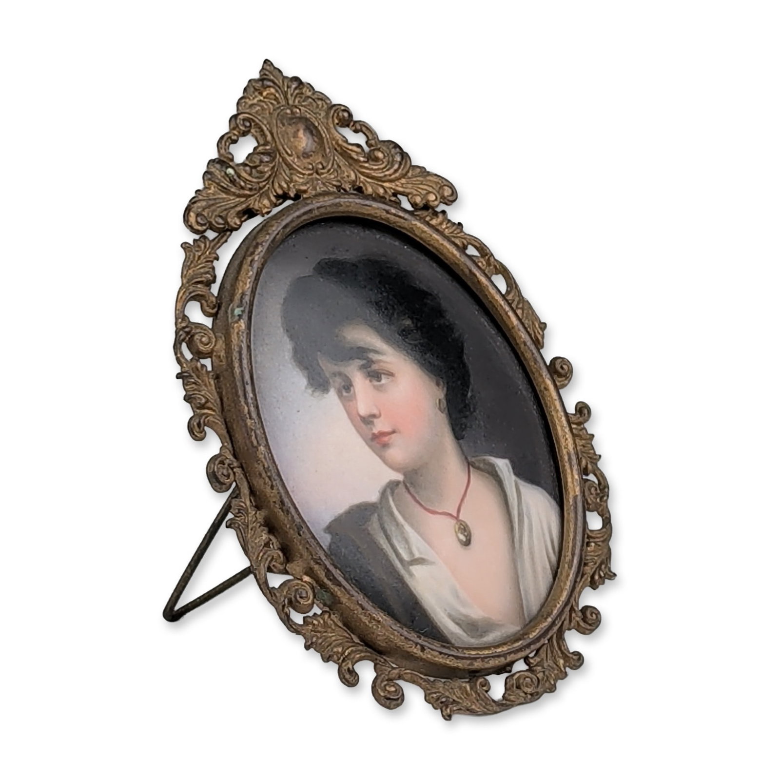 Antique Hand-painted Porcelain Plaque After Gustav Karl Ludwig Richter: Miniature portrait on porcelain, featuring a hand-painted plaque after Gustav Karl Ludwig Richter (1823 - 1884), 19th century painting, Neapolitan Boy. The subject wears a thin red cord necklace with 