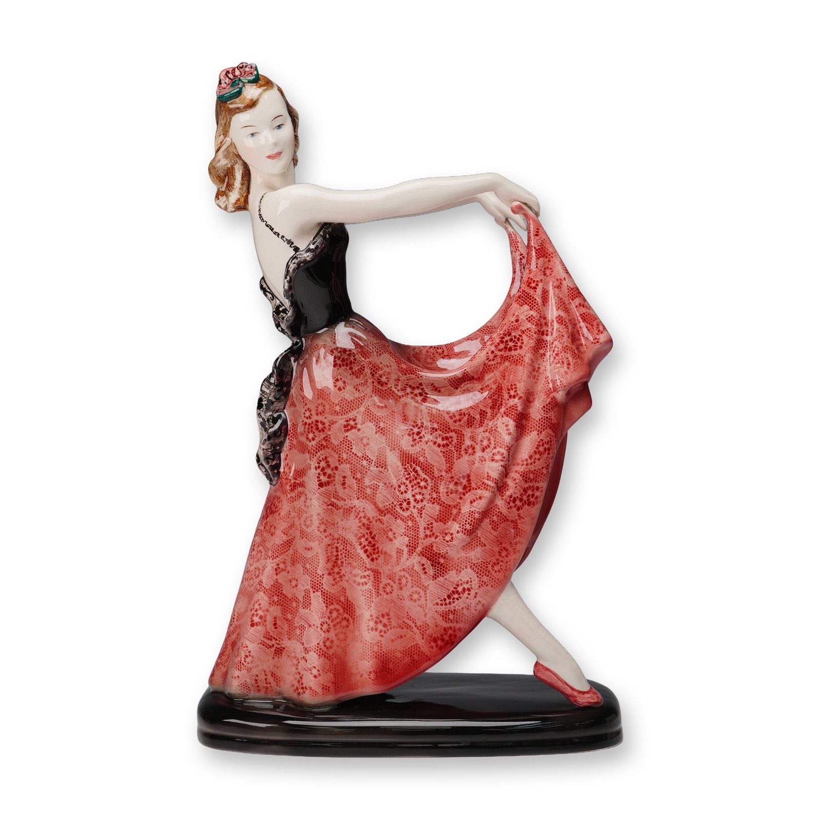 Goldscheider Parisienne by Helen Liedloff Dancing Girl Sculpture: Porcelain figurine produced by Goldscheider U.S.A. as part of the Parisienne series, designed by Helen Liedloff. The piece depicts a young dancer posed mid-performance, holding her flowing skirt out t