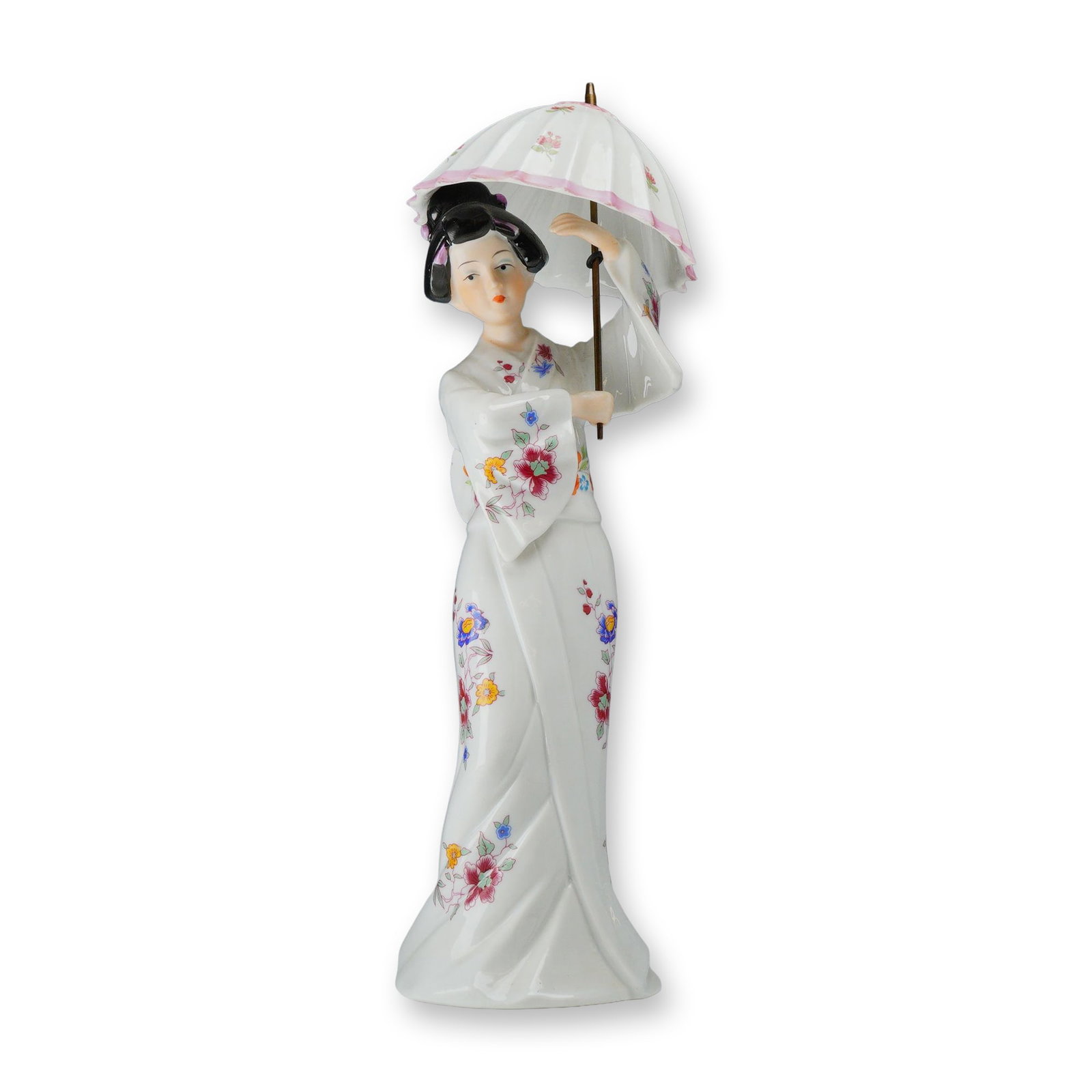 Oriental Geisha Girl Porcelain Figurine with Parasol Marked M.I.: This porcelain figurine depicts a woman in traditional Japanese attire, specifically a geisha. She is dressed in a white kimono featuring hand-painted floral sprays in red, blue, yellow, and green. Th