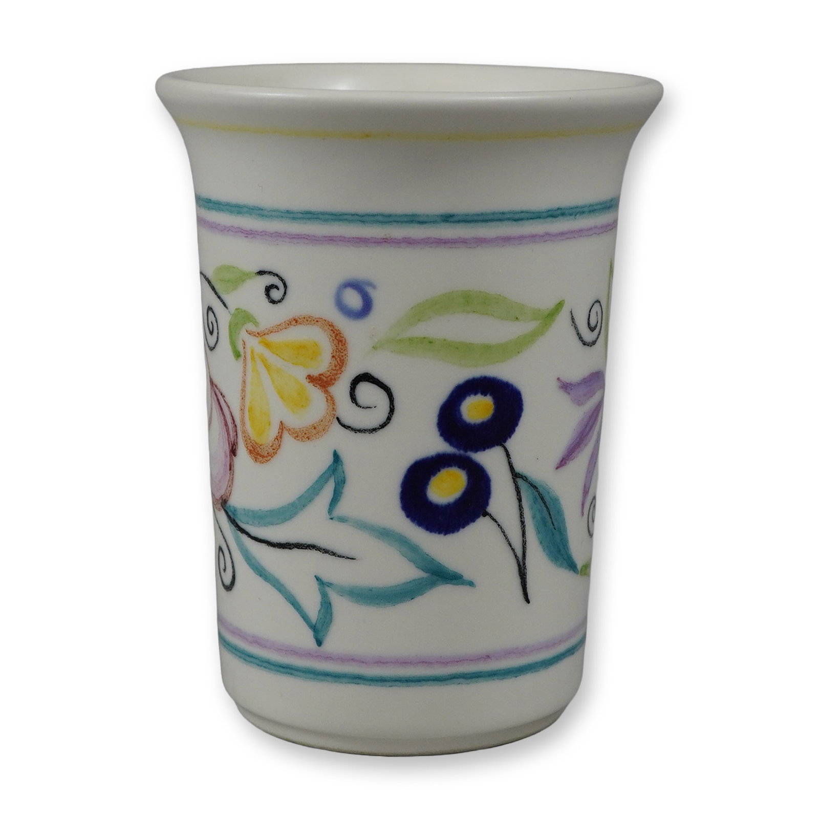 Poole Pottery Studio Hand-Painted Floral and Cockerel Small Beaker Vase, 2003: A small earthenware vase of beaker form with a flared rim, manufactured by Poole Pottery within their Studio line. The piece is hand-painted with polychrome decoration over a white glaze, featuring a 