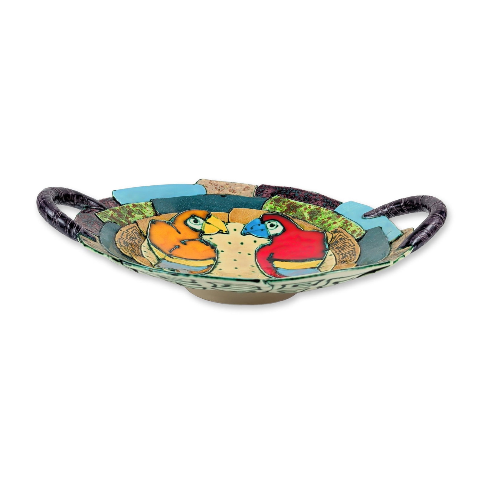 Juozas and Rasa Saldaitis Studio Pottery Parrot Platter: Studio pottery platter by Juozas and Rasa Saldaitis, featuring a double-handled shallow form in earthenware. The interior is decorated with a hand-painted polychrome design of two stylized parrots in