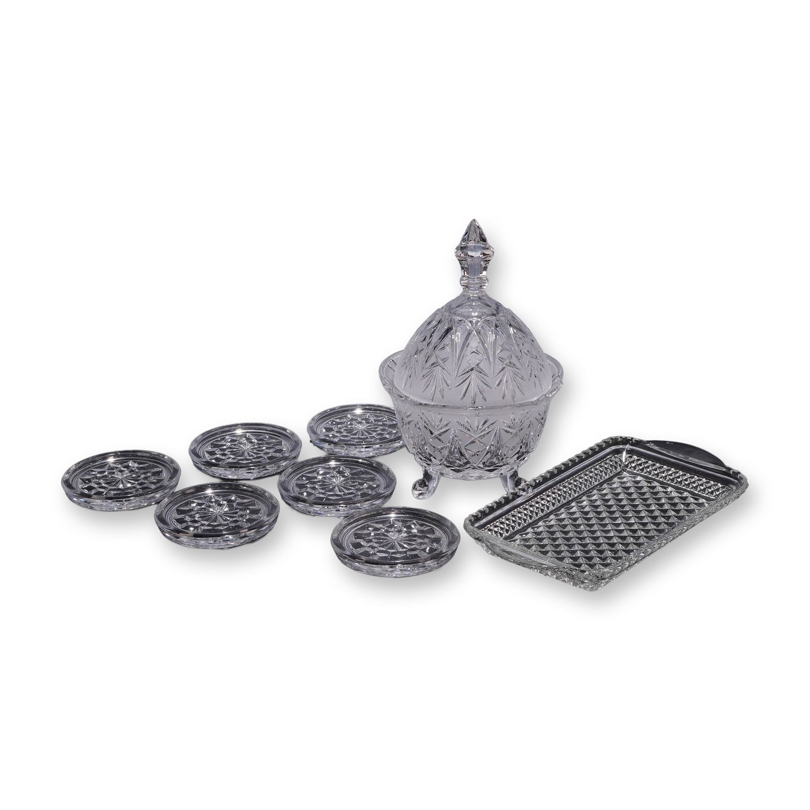 8-Piece Cut Glass Collection Including a Candy Dish with Lid, Six Glass Coasters, and a Relish Tray (1 of 3)