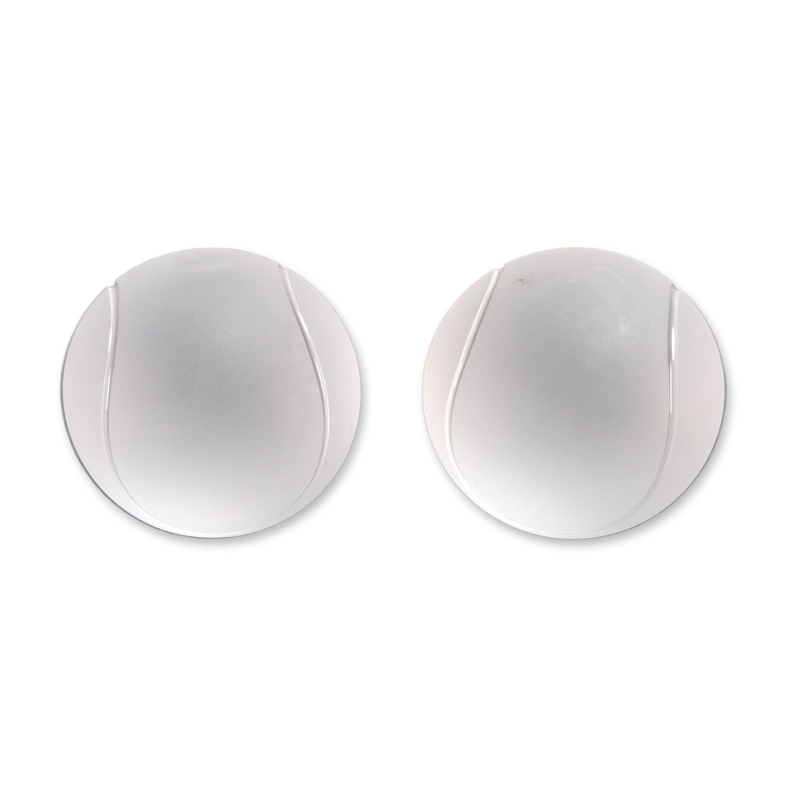 2pc Sasaki Japanese Frosted Lead Crystal Tennis Balls: Sasaki, Japan, pair of decorative objects in frosted lead crystal, shaped as tennis balls with clear incised curvilinear seams. Each piece is finished with a circular, flat-ground and polished base.