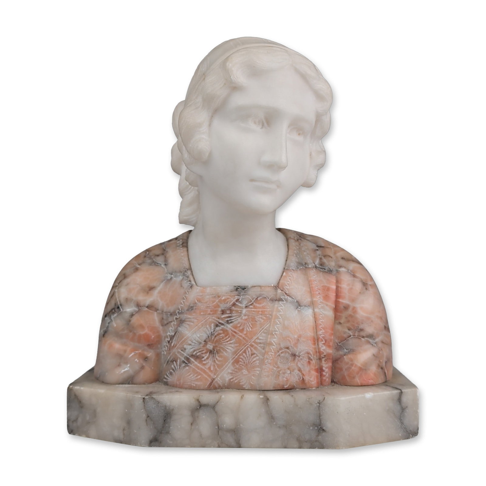 Neoclassical Style Carved Polychrome Alabaster and Marble Bust: Neoclassical style bust of a young woman in white and brecciated marble. The sculpture features a head and neck carved from fine-grained white marble with wavy hair gathered in a bun, detailed with