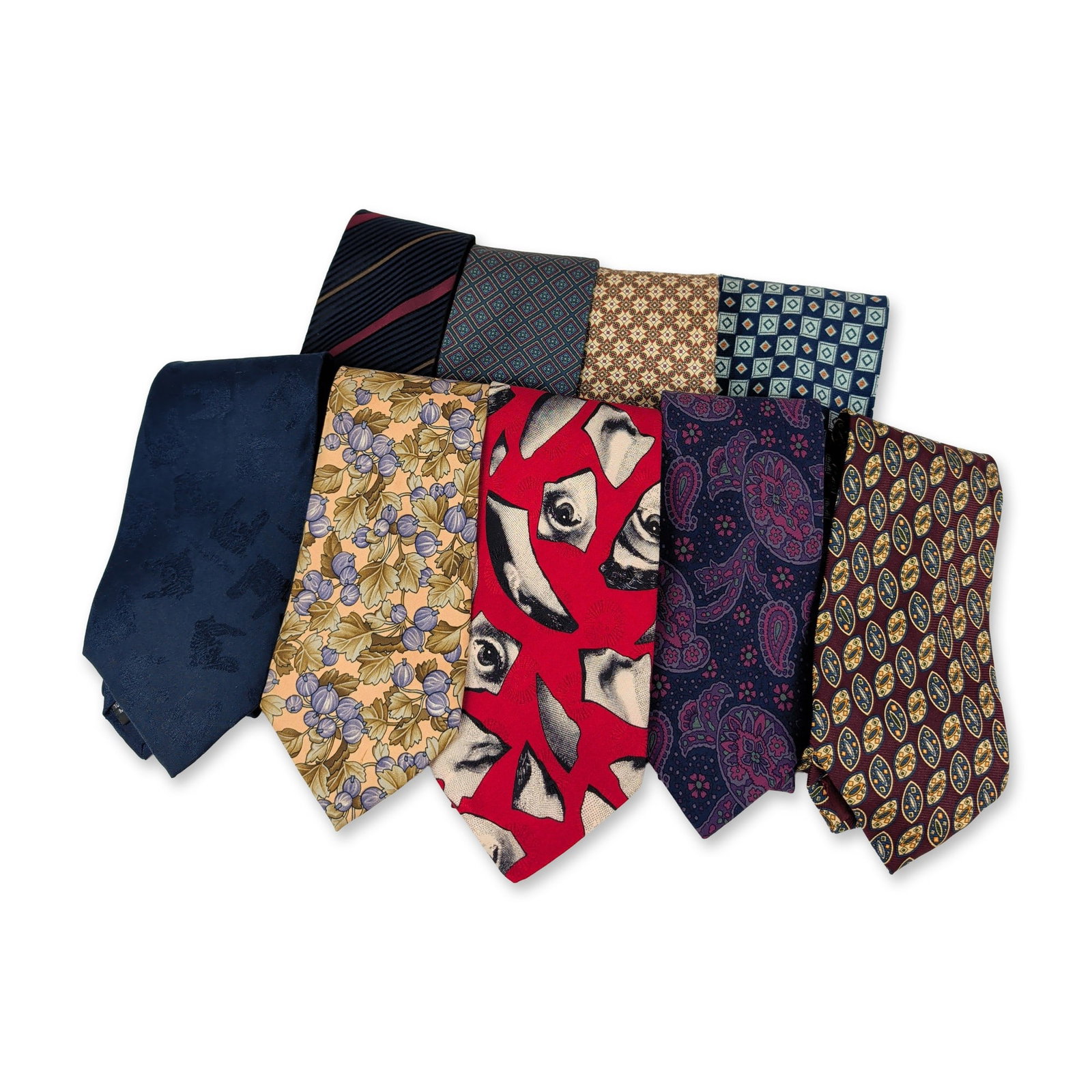 9pc Fornasetti, Kieselstein-Cord & Assorted Italian Silk Neckties: Collection of men's silk neckties featuring designer, geometric, botanical, figural, and paisley patterns. The group includes a Fornasetti Milano face motif, a tonal animal jacquard by Kieselstein-Cor