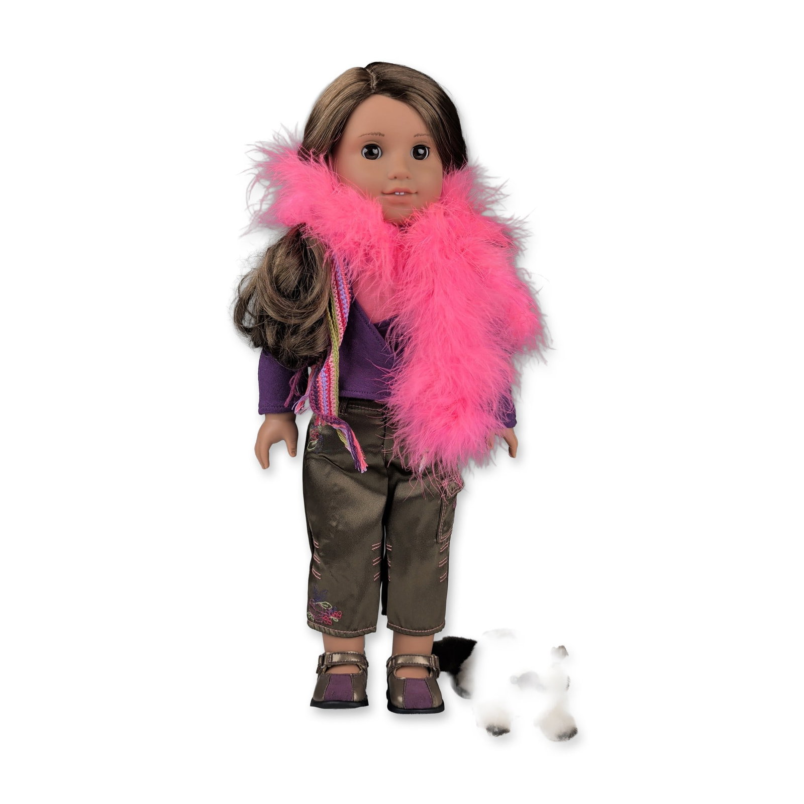 American Girl Marisol Luna Doll Set: American Girl Marisol Luna doll, featuring vinyl head and limbs with a soft cloth torso. The doll has long, side-parted brown synthetic hair and brown sleep eyes. She is dressed in the Sparkle and Shi