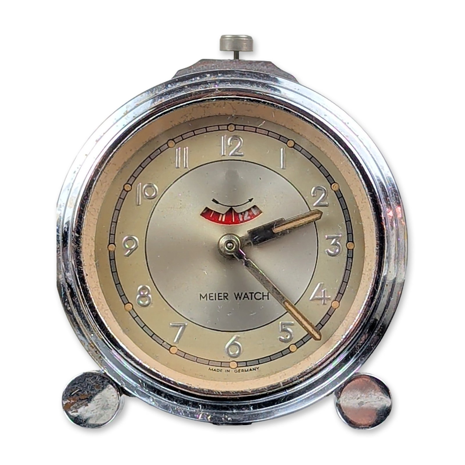 3pc Vintage and Modern Alarm Clocks: This diverse three-piece assortment features an array of mid-century and vintage table clocks, led by a German-made Meier Watch mechanical desk clock housed in a polished chrome-plated metal case. It 