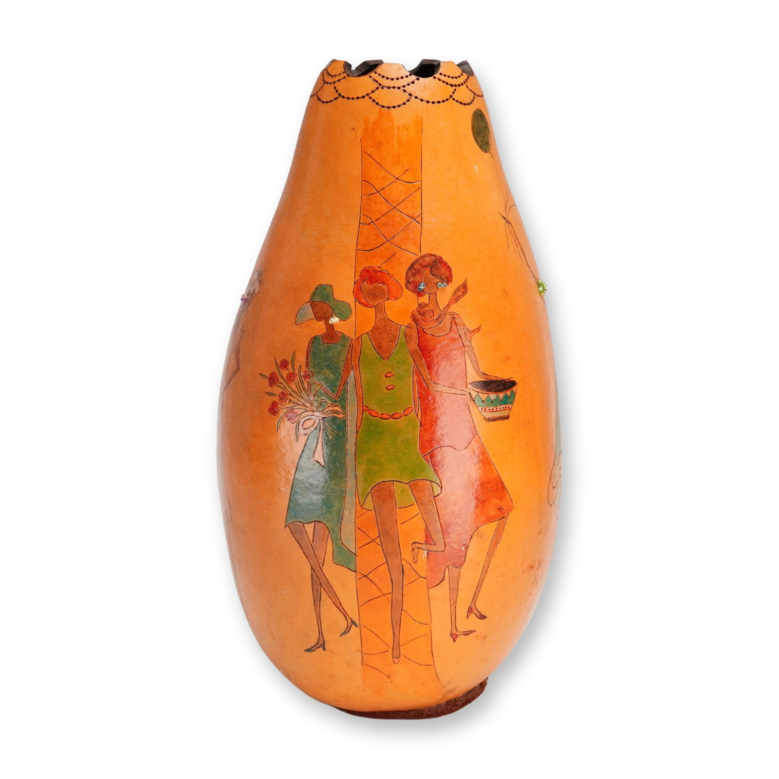 Mid-Century Modern Hand-Painted and Pyro-Engraved African Inspired Decorative Gourd: An African inspired decorative gourd vessel fashioned from a natural dried calabash. The exterior is finished with a warm orange stain and serves as a canvas for hand-painted, stylized figures of wome