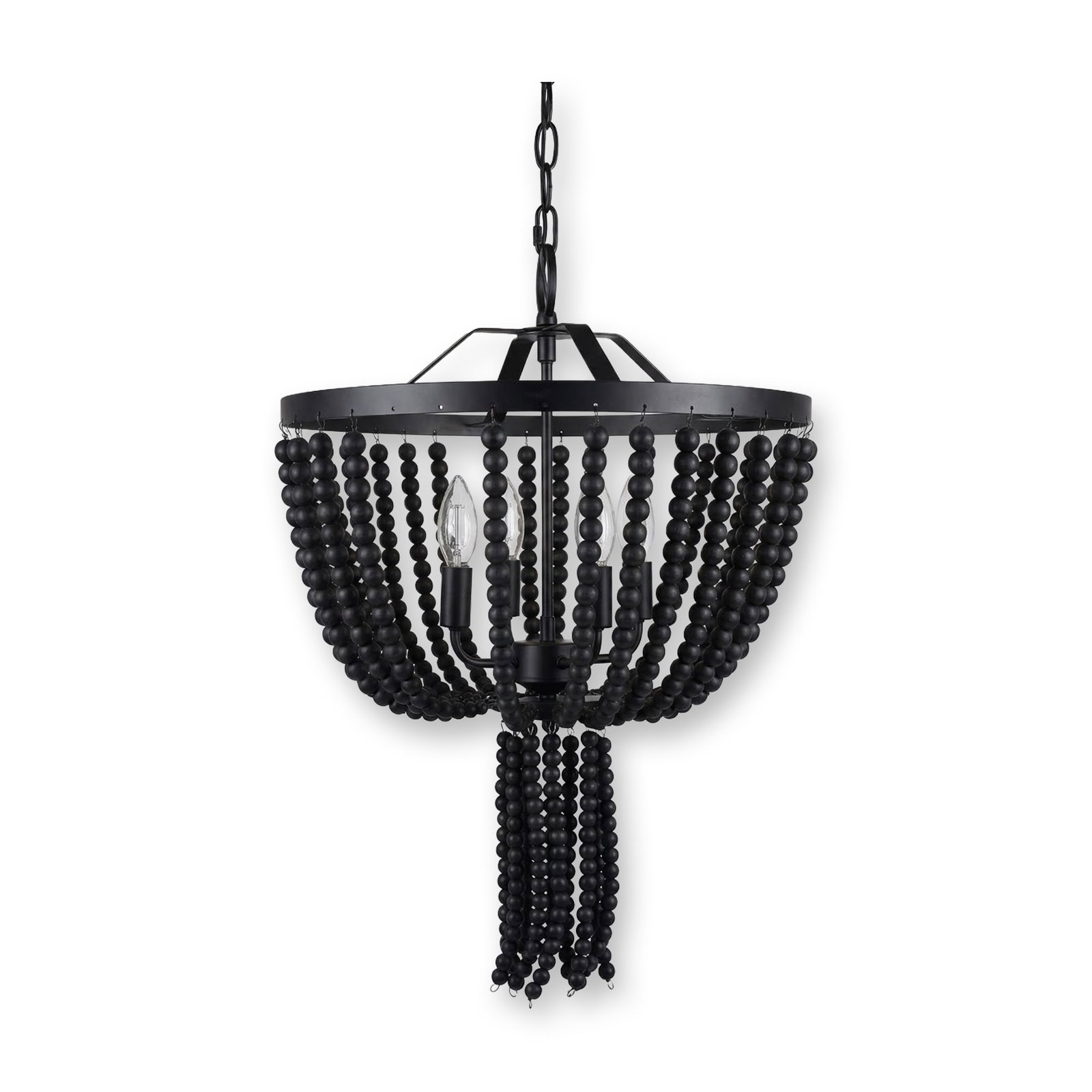 Four-Light Black Wood Bead Chandelier: Contemporary style four-light chandelier. Black-stained wood and matte black finished metal construction featuring tiered strands of wooden beads draped over an open circular frame. The unit is wired
