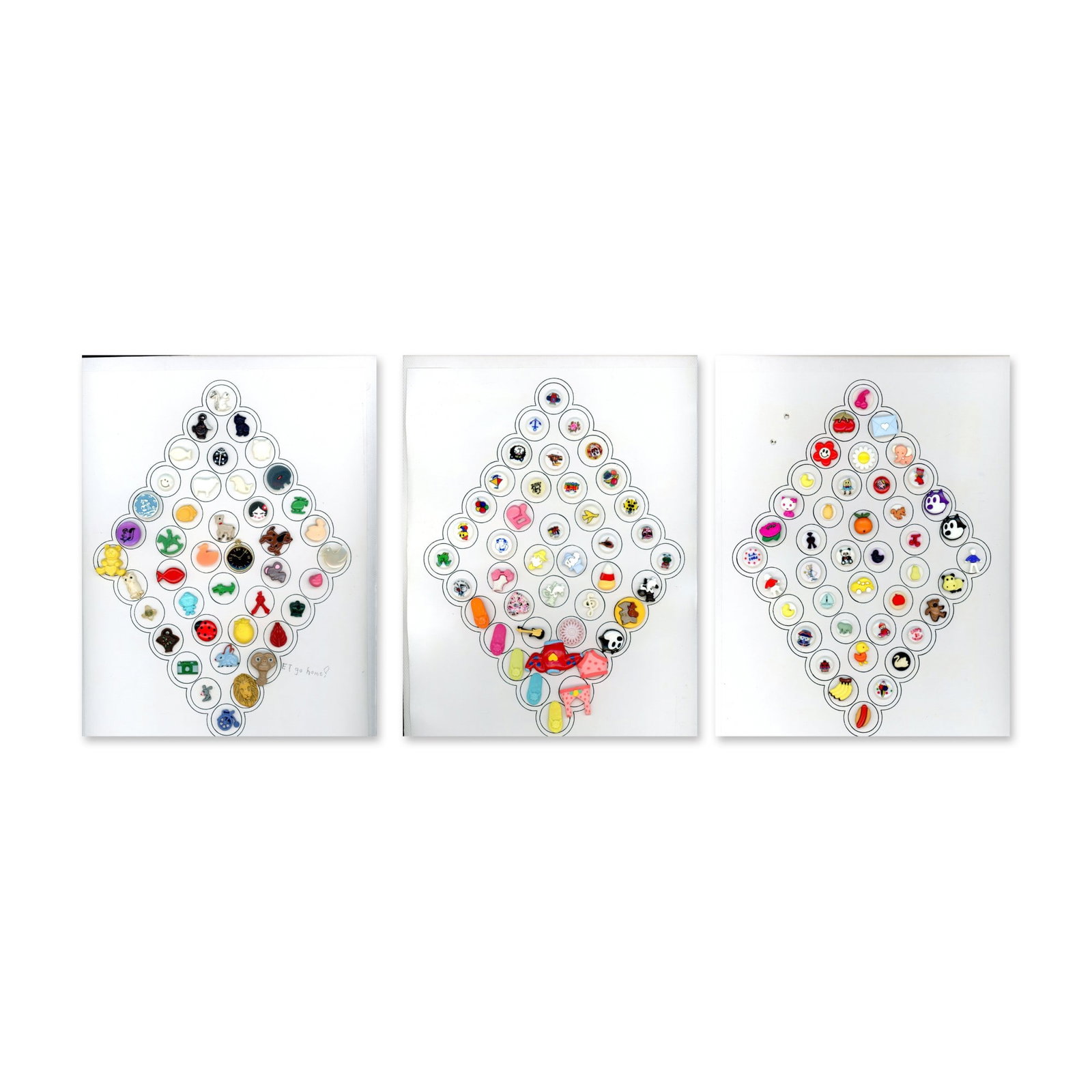 A LOT OF DIVISION THREE REALISTIC KIDDIE BUTTONS: 126 Small/Medium assorted subject matter examples. These cards include animals, people, objects, plant life in a variety of colors and designs. Dimensions: SM=Less than 3/4", Medium=3/4" to 1 1/4". La