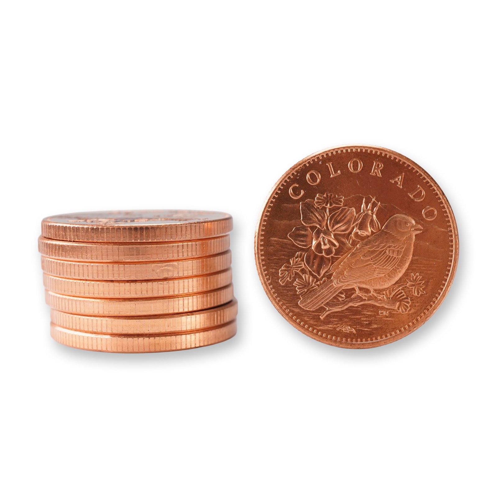 8pc US State Nature Symbols Copper Medals Assorted States: This lot includes eight copper-colored medals featuring nature-themed designs representing different U.S. states. Each medal displays state-specific imagery such as birds, flowers, trees, or other nat