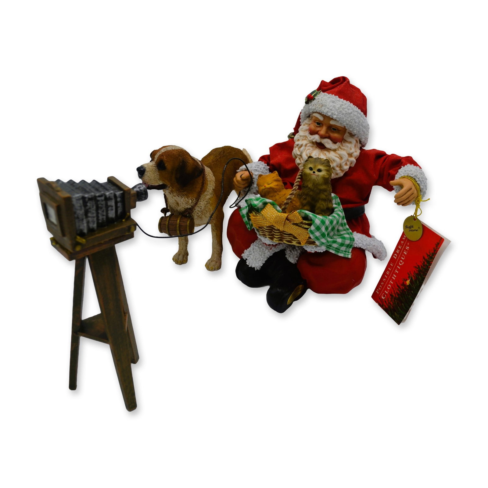Possible Dreams Clothique Perfect Picture Christmas Santa Figurine, 1999, OB: Possible Dreams presents The Clothique Perfect Picture Christmas Santa Figurine. A Limited Edition Santa seated with a basket of two kittens, taking a self portrait with a camera on a tripod, directly