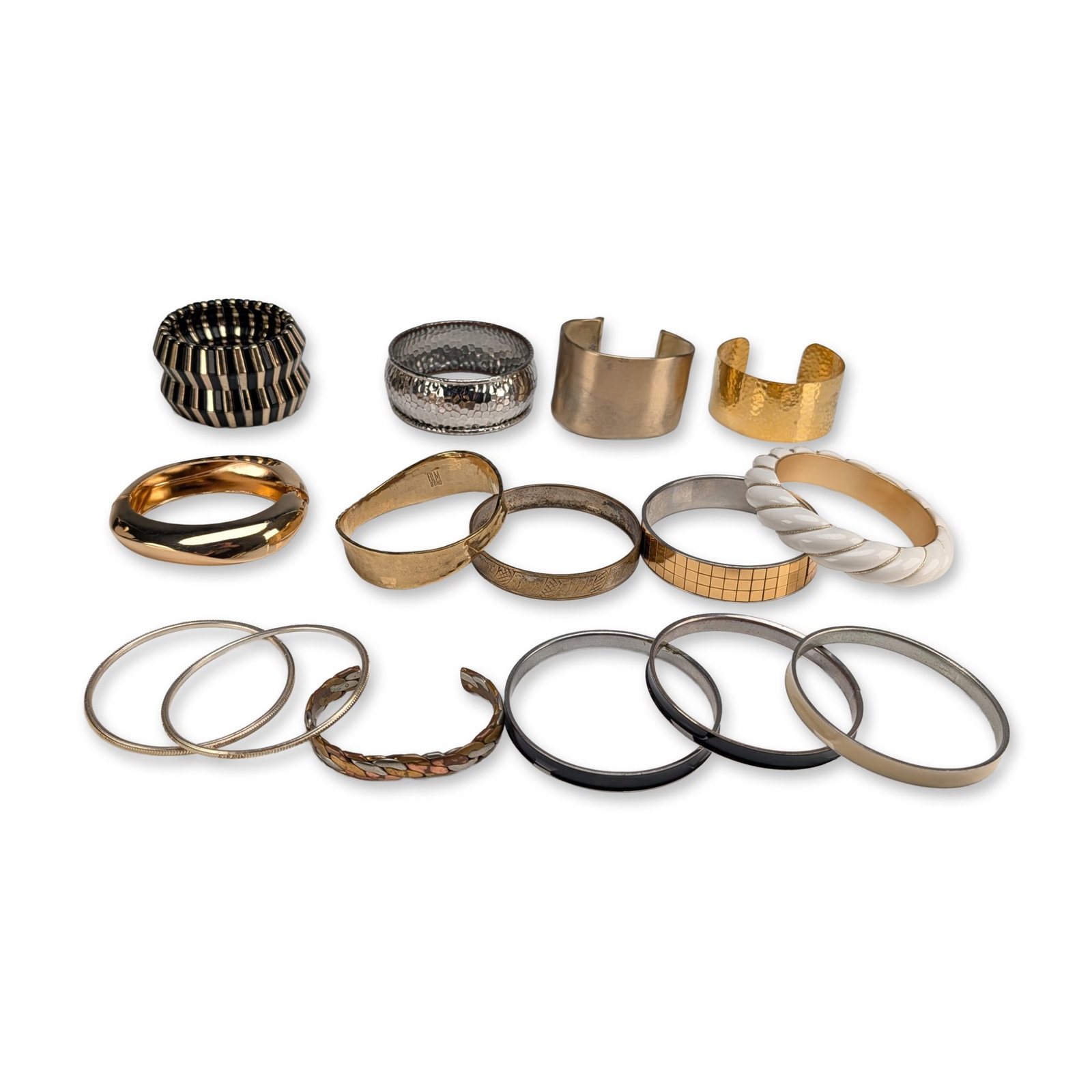 15pc Collection of Assorted Fashion Bracelets: Assortment of contemporary and vintage style fashion jewelry including bangles, cuffs, and a stretch bracelet. The collection features pieces in gold-toned and silver-toned base metals, enamel, and ac