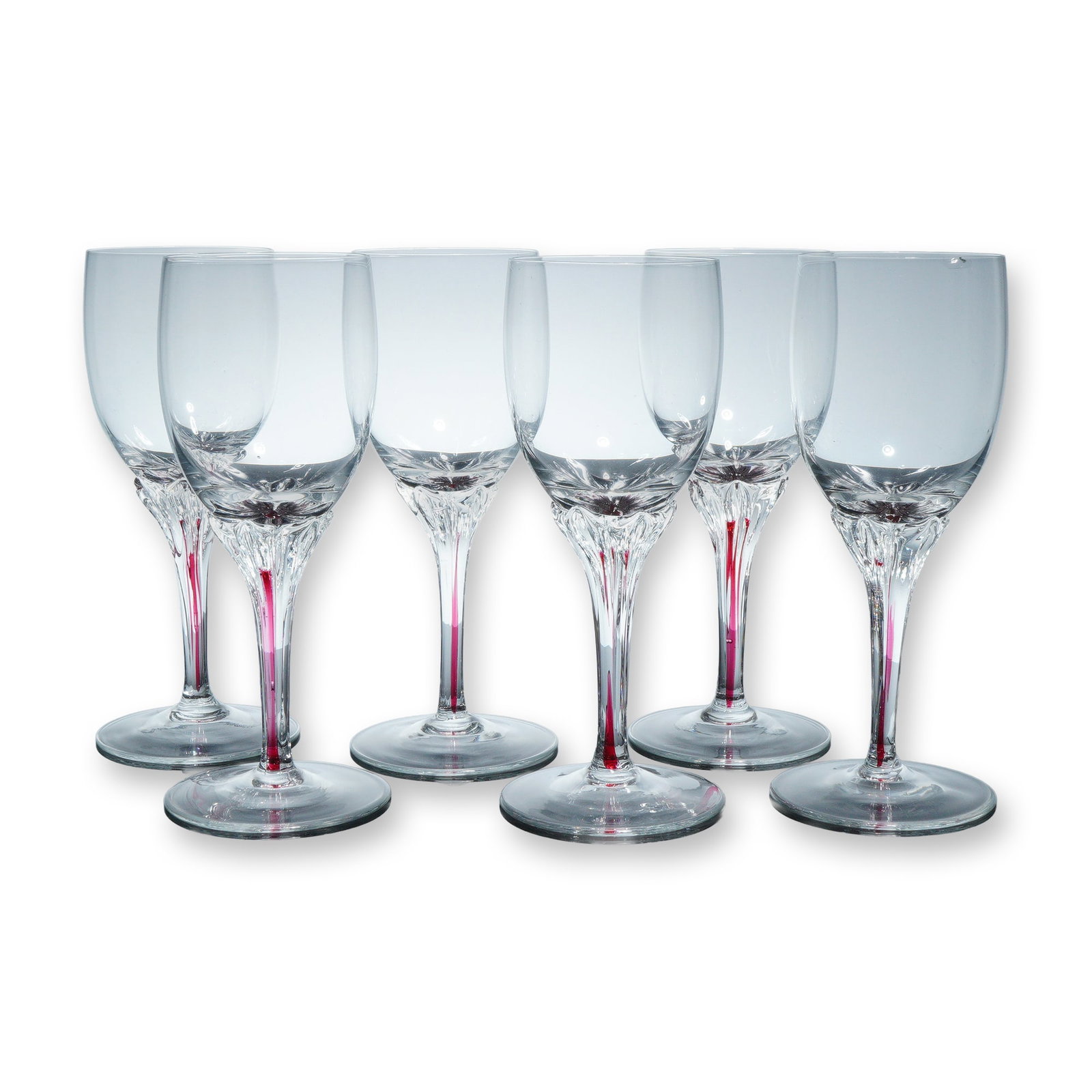 6pc American Cut Cordial Glasses, AMC2: Six cordial glassed distinguished by elegantly sculpted red striped stems. Each glass features a finely rounded bowl and a faceted transition between bowl and stem. Dimensions: 2.25"W x 5.5"H