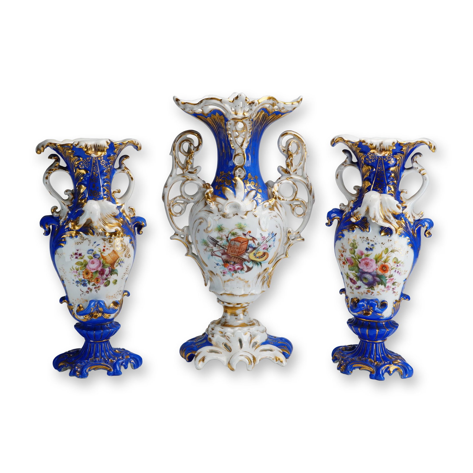 3pc Jacob Petit Blue and White Gilded Floral Art Vases (1 of 3)