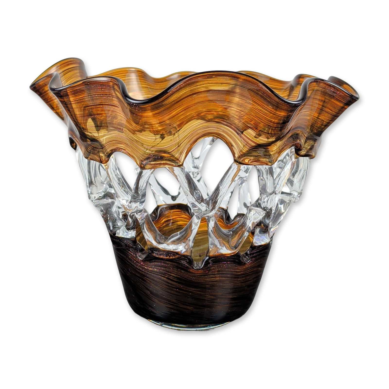 Large Hand-Blown Striated Art Glass Lattice Vase (1 of 5)