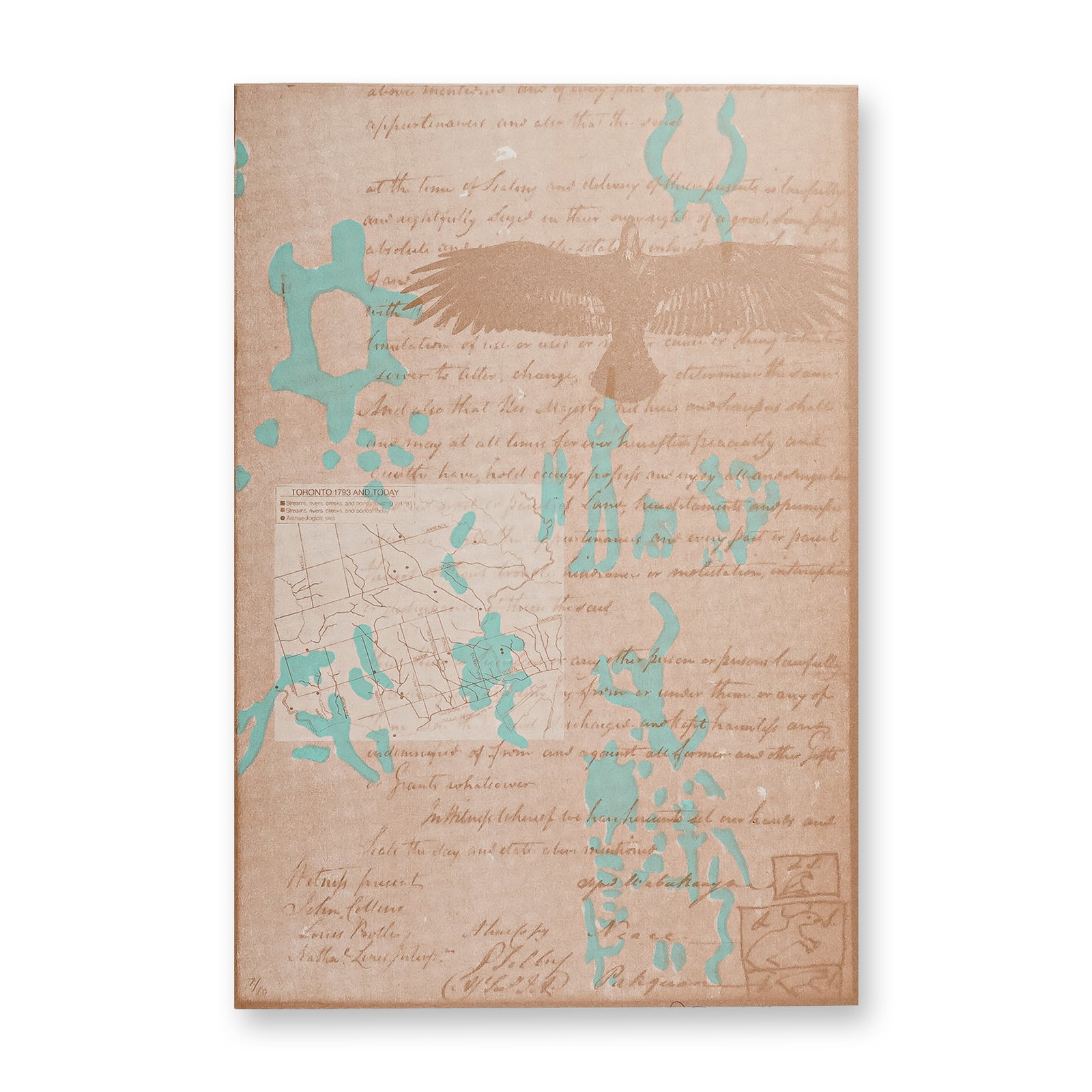 Rebecca Baird, Lithograph on Paper, Measuring #5, Signed & Numbered: Striking limited edition lithograph by Canadian artist R. Baird, titled Measured Along The Ground #5. Created in 1999, this work overlays historic maps, Indigenous references, and handwritten text wit