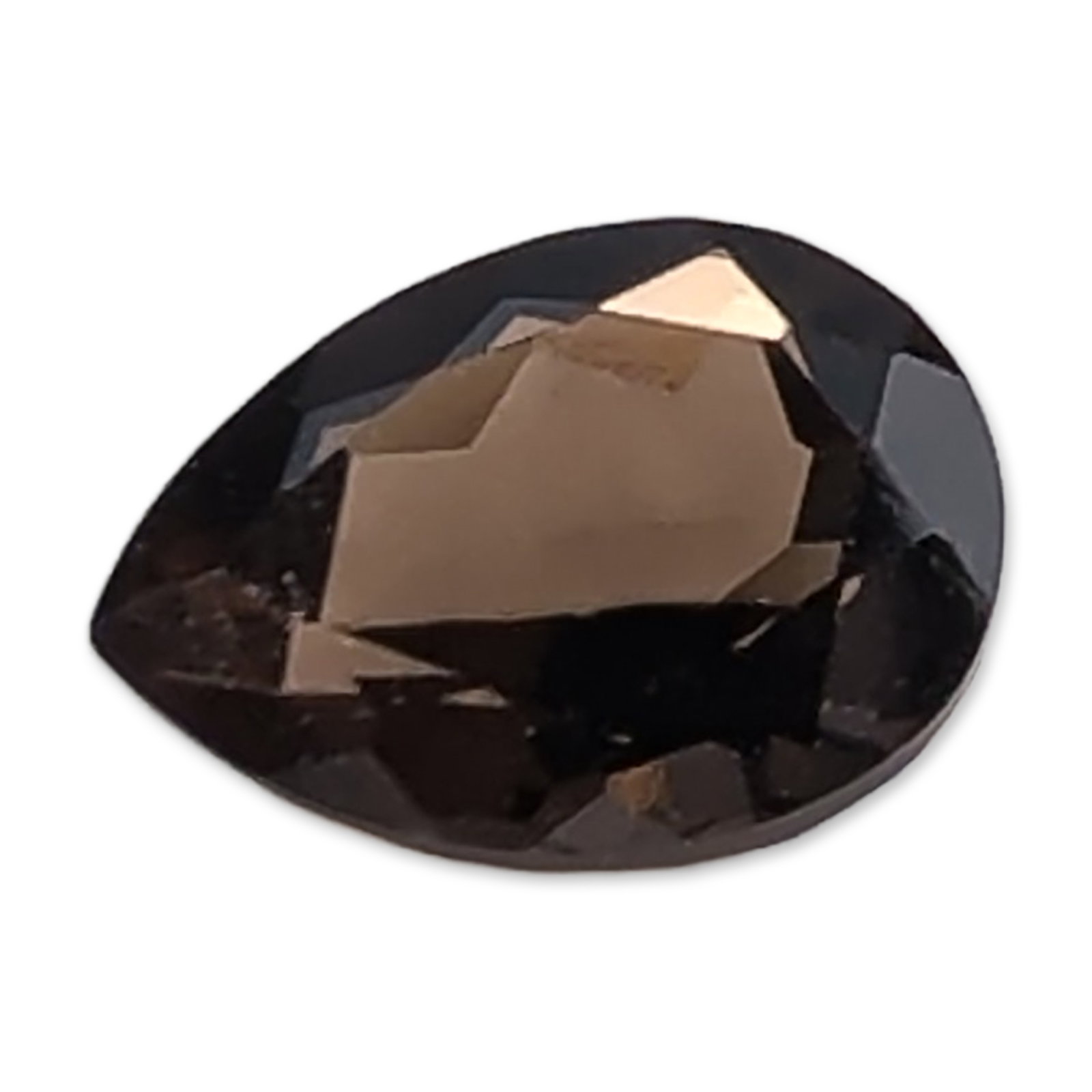 Smoky Quartz Faceted Pear Cut Gemstone: Contemporary loose smoky quartz faceted gemstone in a pear brilliant cut. The stone exhibits a deep, uniform smoky brown color and translucent clarity. It features a large table and sharp facet juncti