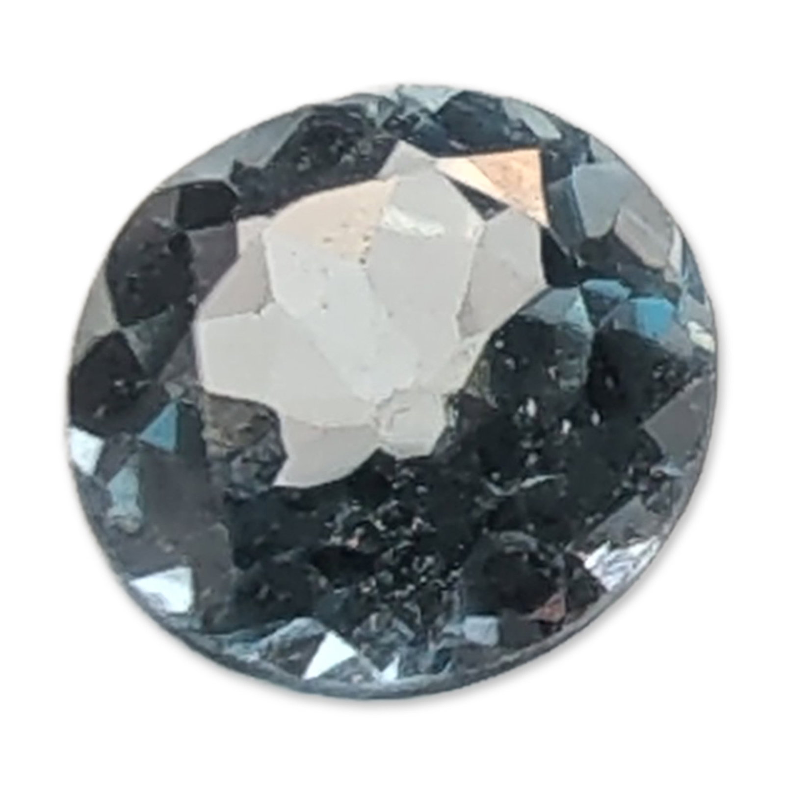 Round Brilliant Cut Light Blue Topaz Gemstone: Round brilliant-cut loose topaz gemstone. The stone features a pale, transparent sky blue hue with high clarity and no significant internal inclusions visible to the naked eye. Standard faceted