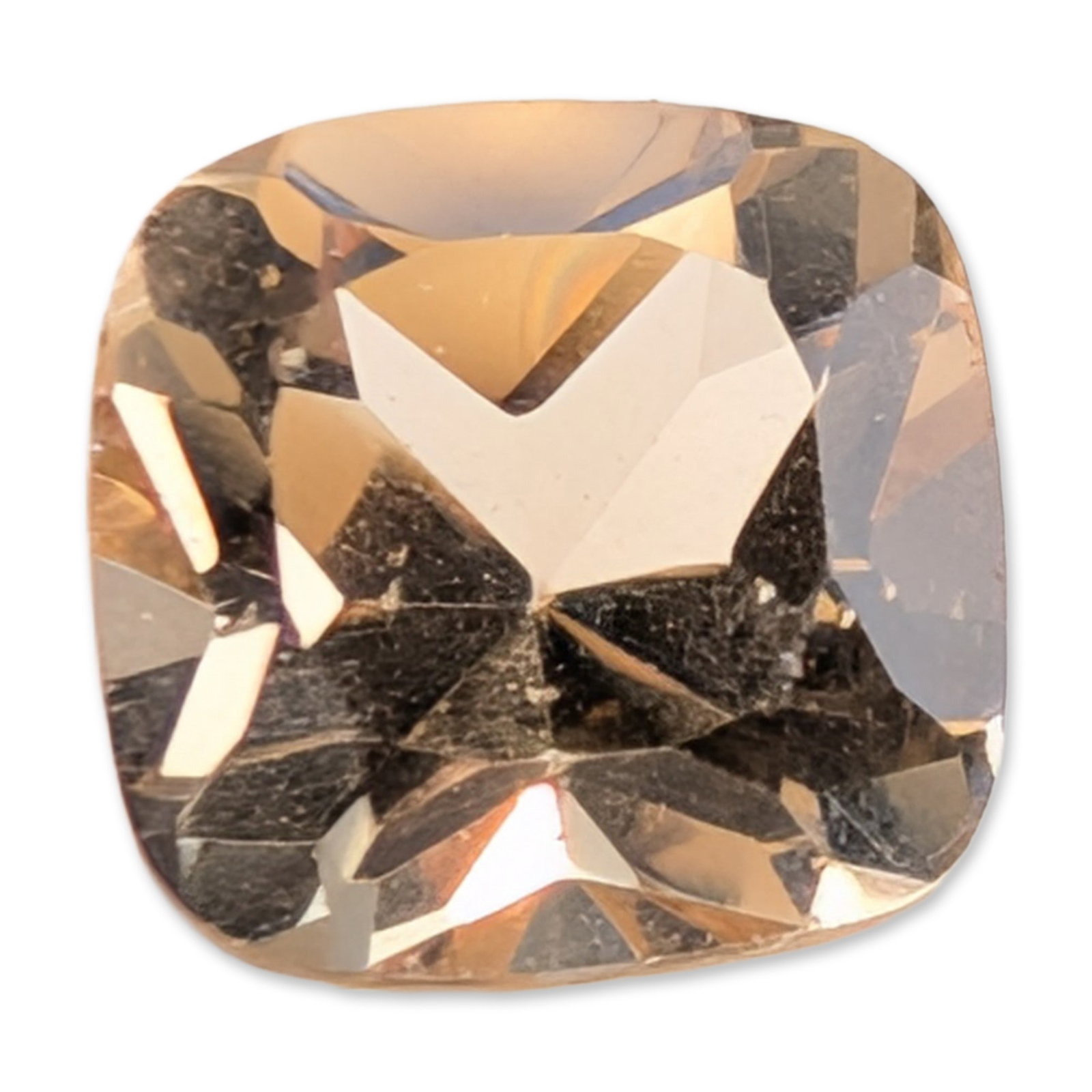 Square Cushion Cut Champagne Tone Loose Citrine Gemstone: Square cushion cut faceted citrine gemstone in a champagne tone, featuring brilliant style faceting and a light brown hue. Internal characteristics include visible feather type inclusions. The girdle 