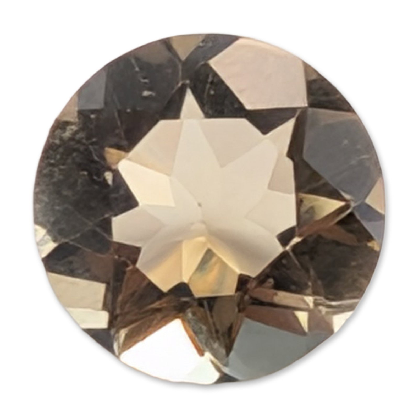 Round Brilliant Cut Citrine Loose Gemstone: A loose faceted citrine gemstone, featuring a round brilliant cut. The stone displays a translucent smoky brown to pale yellow hue and transparent clarity. 2.4ct Dimensions: 8.9 mm W