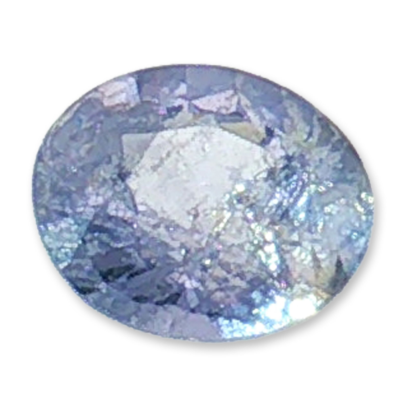 0.8ct Oval Cut Light Blue Topaz Gemstone: Loose light blue topaz gemstone featuring a classic oval faceted cut. The stone displays soft, cool tones and a delicate light blue hue. Internal characteristics include significant fractures and crys