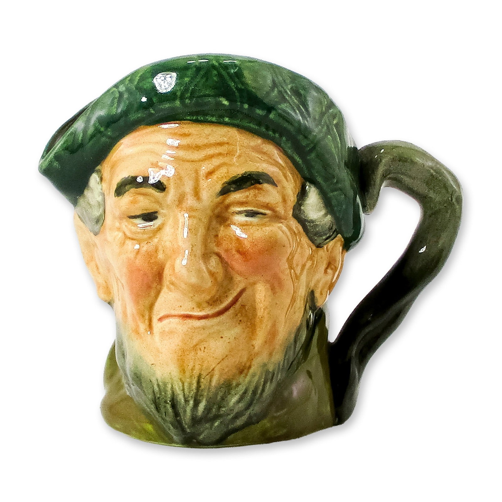 Auld Mac Auld Auld D5824 Small Royal Doulton Character Jug: Green tam; brown coat. A song by Sir Harry Lauder, a 20th-century singer and comedian, called "Bang Went Sixpence." inspired this piece. In it a Scotsman named Mac found the prices too high in London