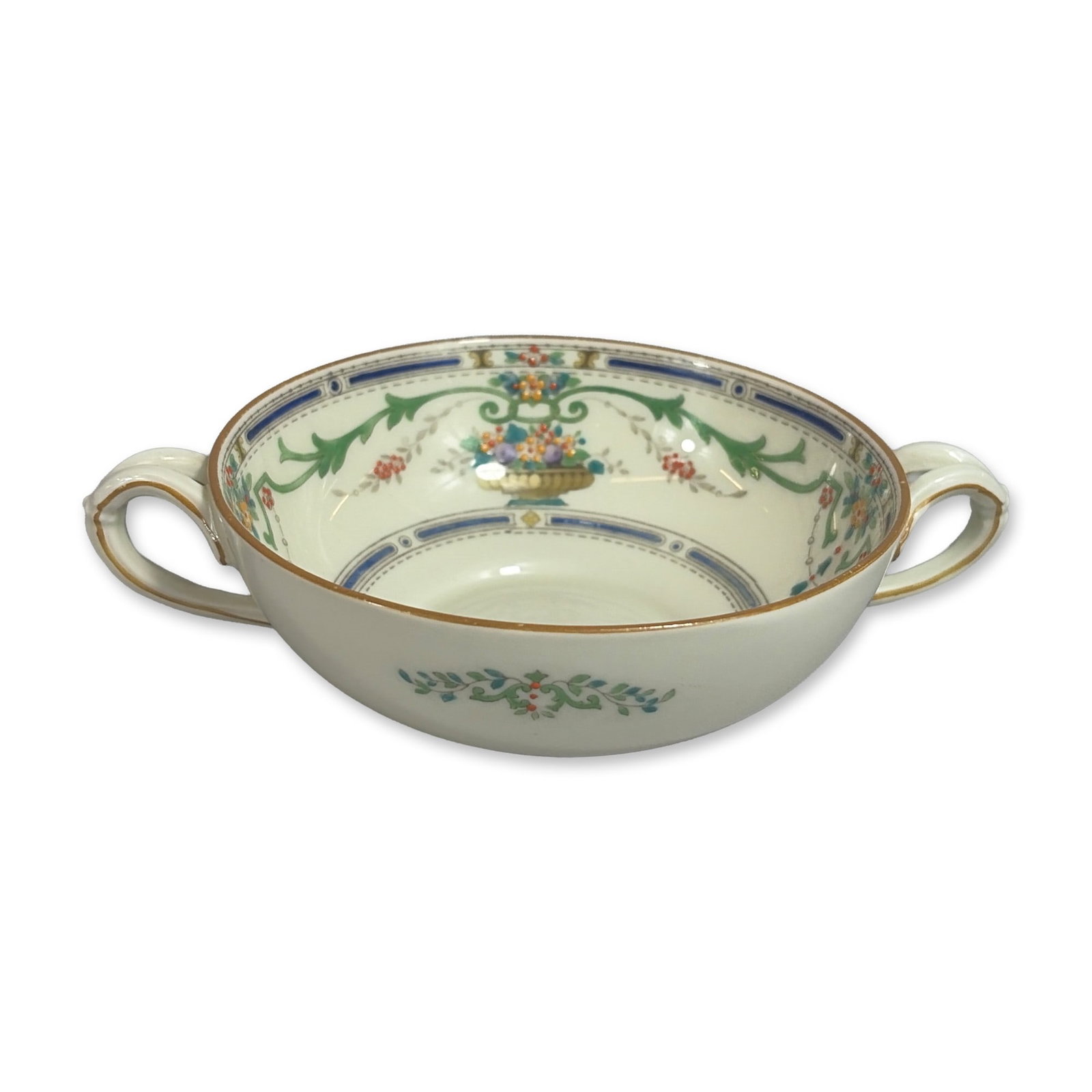 Royal Doulton Ormonde Soup Bowl: Royal Doulton, England. Two-handled soup bowl in the Ormonde pattern, H3191. The bone china vessel features neoclassical decoration with green foliate swags and polychrome baskets containing yellow, b