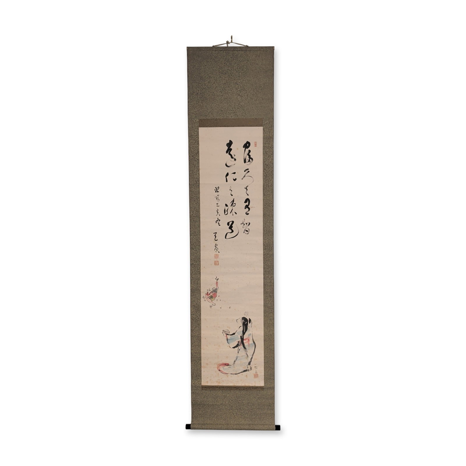 Japanese Ink and Washes on Paper Hanging Scroll, Okame and Oni, Signed w/ Seals: Japanese hanging scroll in ink and light washes on paper depicting a Spring festival scene of good fortune folklore character Okame chasing the fleeing demon Oni with soy beans. The characters