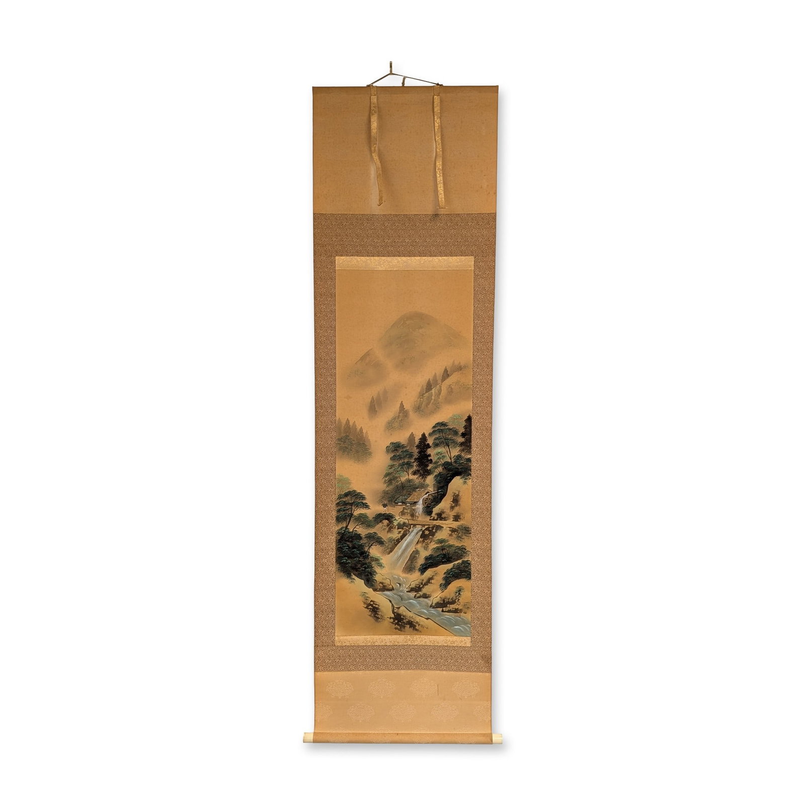 Japanese Ink and Pigments on Paper Landscape Hanging Scroll w/ Seal: Japanese landscape hanging scroll in ink and color pigments on paper, depicting an atmospheric mountain landscape with a misty peak rising above a forested valley. The foreground features a