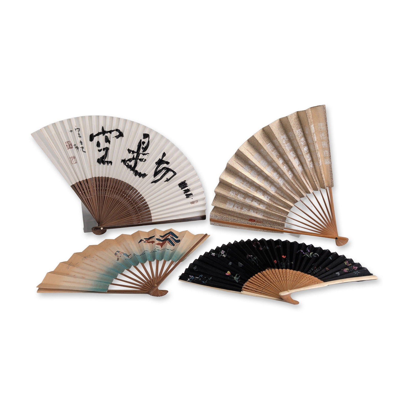 4pc Japanese Folding Fans: Collection of four Japanese folding fans in various decorative styles. One fan features bold black ink calligraphy in cursive sosho style on white paper, bearing two red artist seals including an