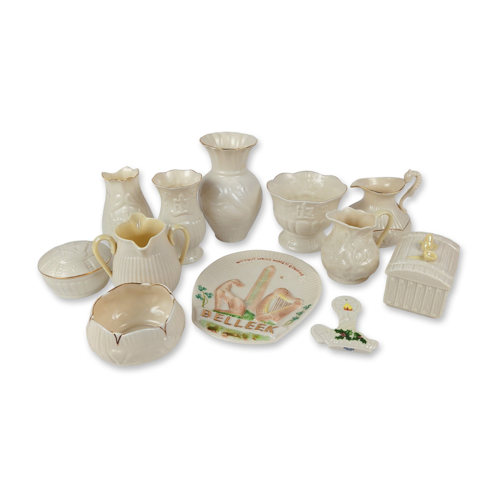 12pc Irish Belleek Parian Porcelain Pieces: 12 pc Irish collection of Parian porcelain by Belleek Pottery, featuring a variety of forms finished in a nacreous luster glaze. The group consists of a large oval commemorative plaque, a rectangular