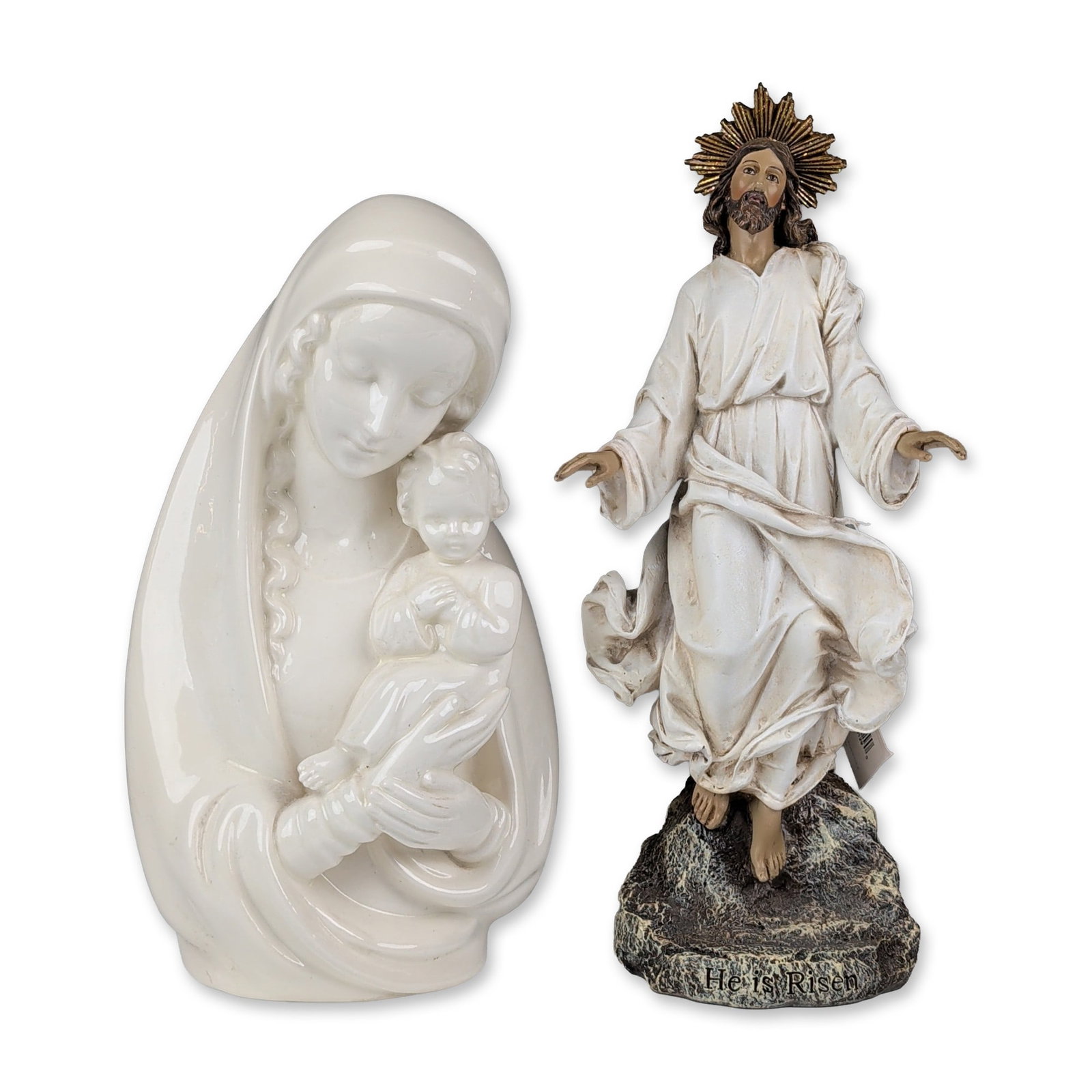 2pc Josephs Studio and Goebel Religious Figurines: A group of two religious figurines including a hand-painted resin depiction of the Resurrection and a white glazed porcelain Madonna and Child. The Resurrection figure features Jesus in white robes wi