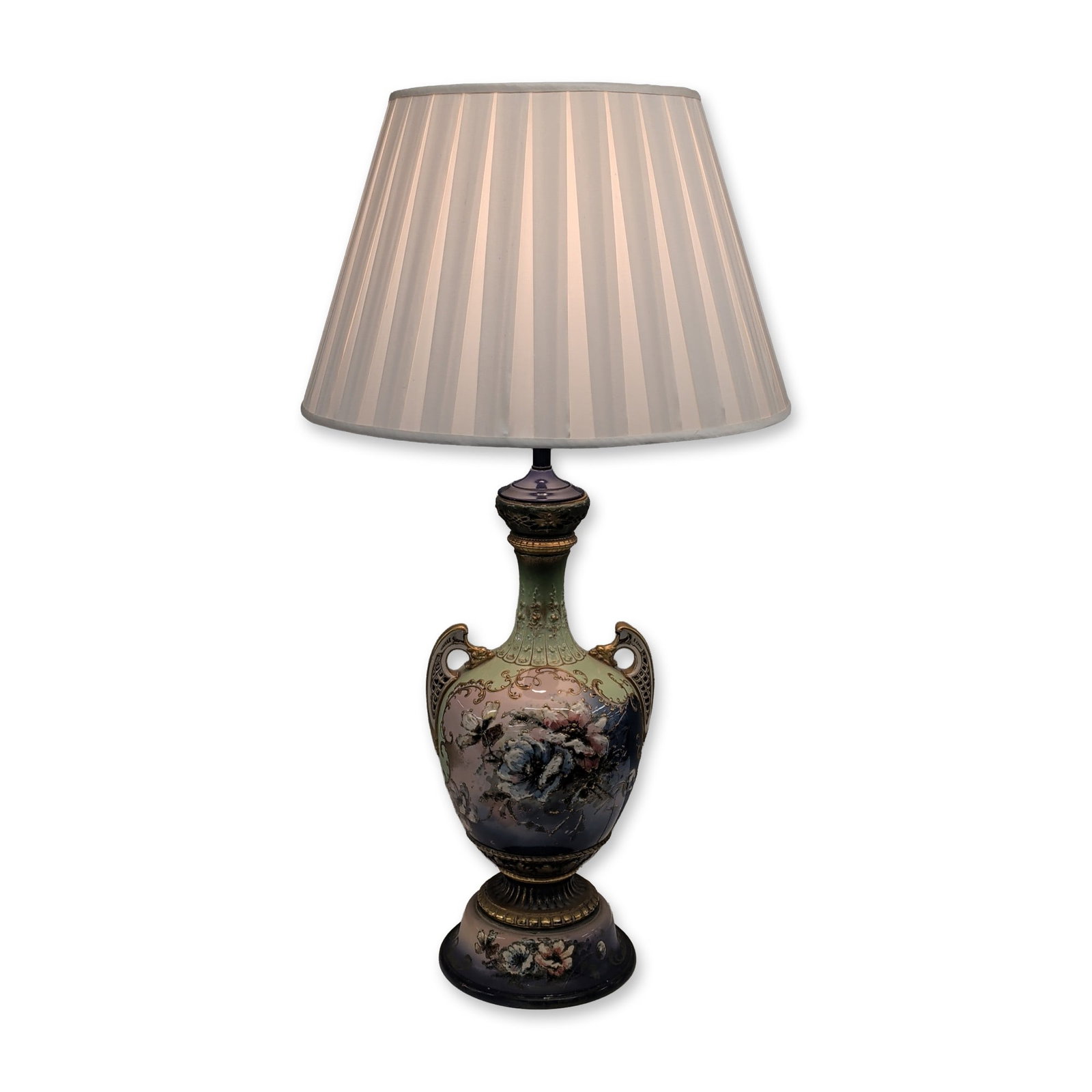 Vintage Hand Painted Urn Table Lamp: An ornate table lamp featuring a hand-painted porcelain urn body. The urn is decorated with polychrome floral sprays against a gradient ground of mint green, pale pink, and cobalt blue, accented by