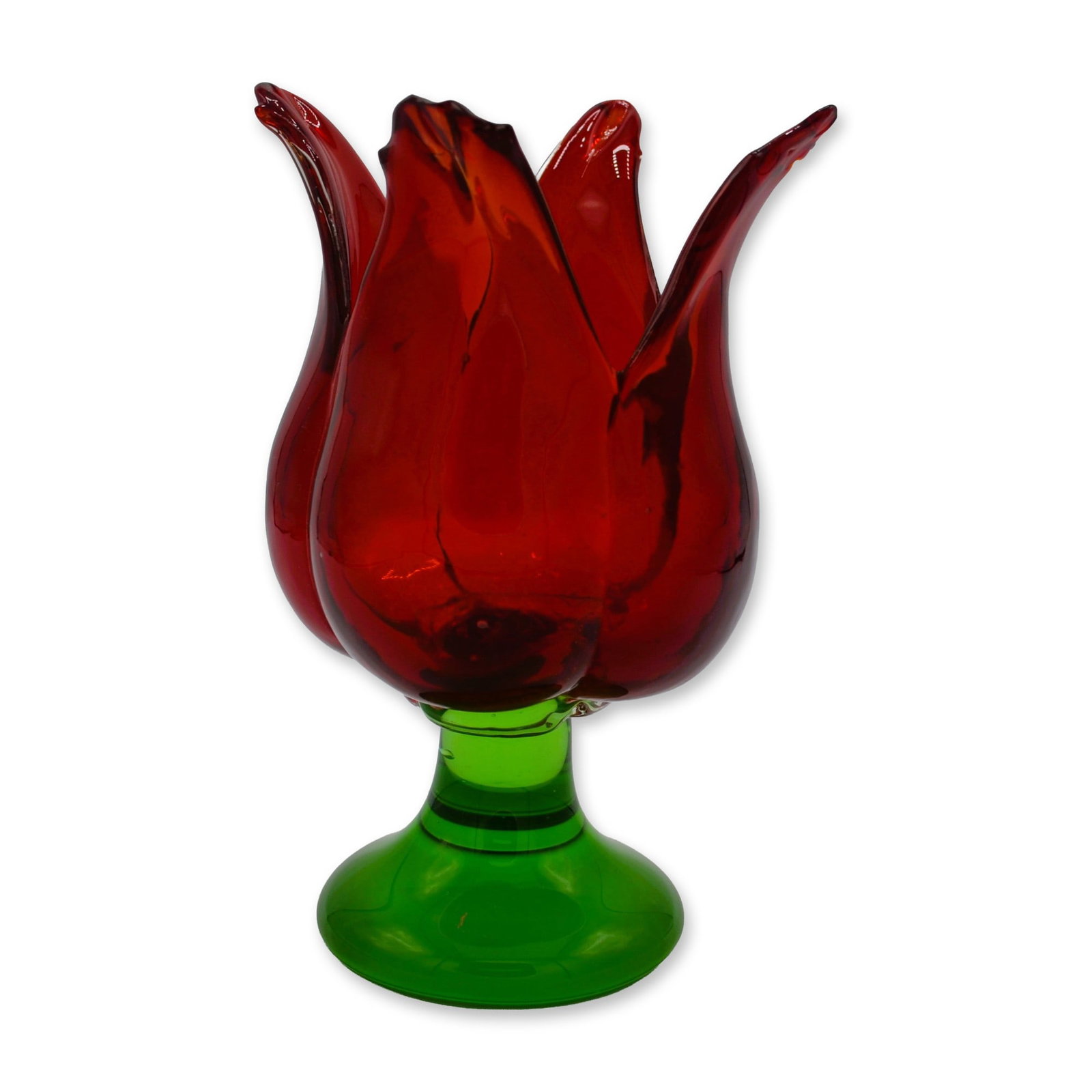 Bird Brain Art Glass Hand Blown Glass Tulip Vase, Red W/Green Base: Individually Hand Blown Art Glass Tulip Vase by Bird Brain Studio Artists, issued in 2003, designed to enhance your Home & Gardens. This Hand-Blown Red Colored Glass Tulip Vase sits atop a Green