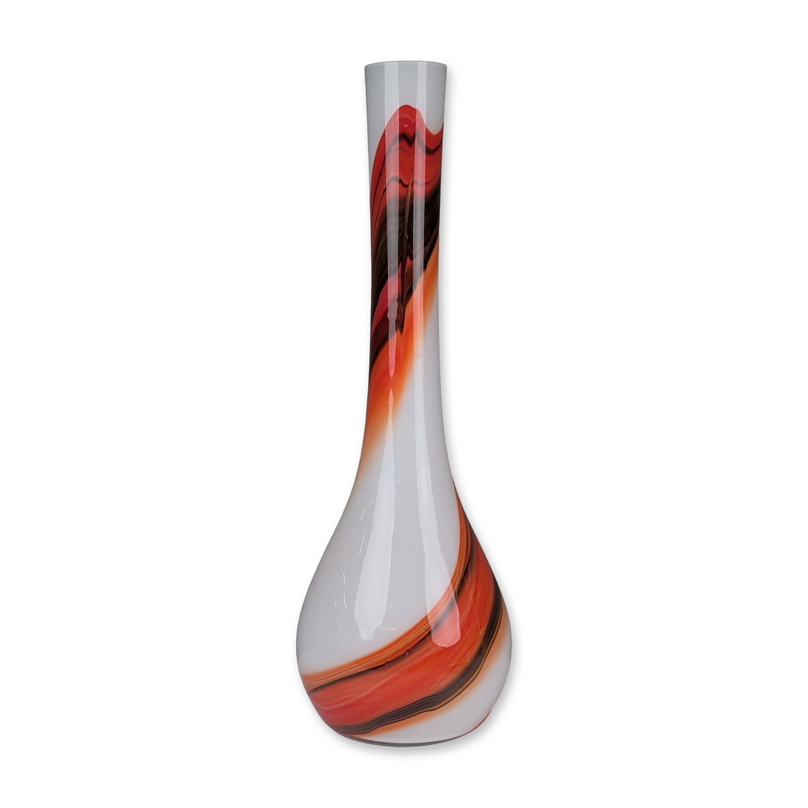 Modern Retro Multicolored Cased Art Glass Vase: Contemporary hand-blown cased art glass bud vase, featuring a bulbous teardrop base and elongated slender neck. The vessel is constructed with an opaque white interior decorated with orange and dark b