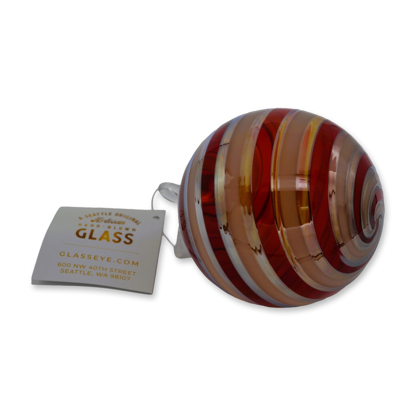 Glass Eye Studio Art Glass Holiday Ornament Cinnamon Swirl, Grand Artisan Collection, 2022: Hand created by the Artists of The Glass Eye Studio, established in 1978 in the USA, feauring The Grand Artisan Collection "Cinnamon Swirl" Holiday Ornament. A perfect synthesis of artisan techniques,