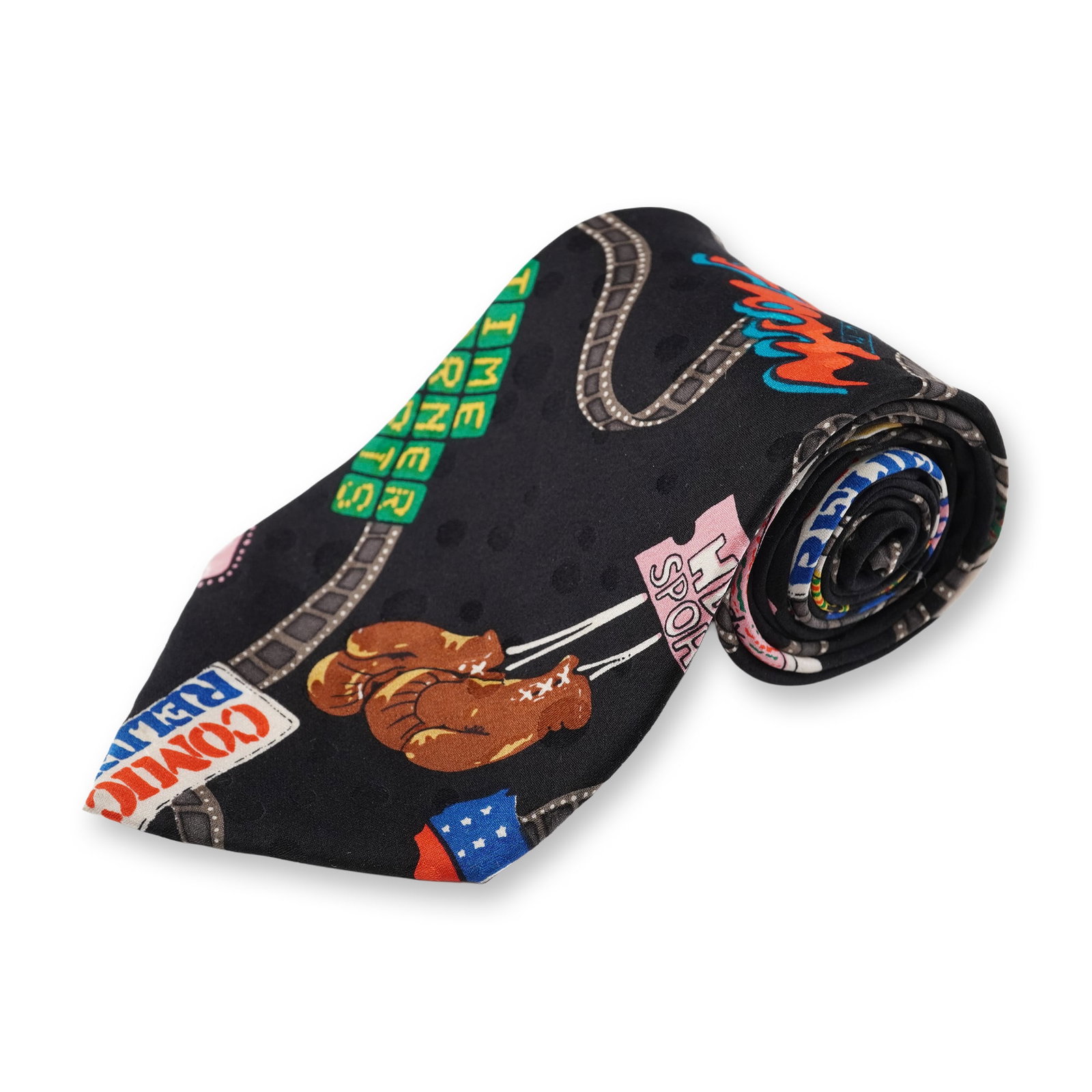 Nicole Miller HBO Television Theme Necktie: This Nicole Miller HBO television theme necktie features a vibrant allover print incorporating classic HBO channel graphics, movie reels, boxing gloves, award statuettes, and retro broadcast imagery.