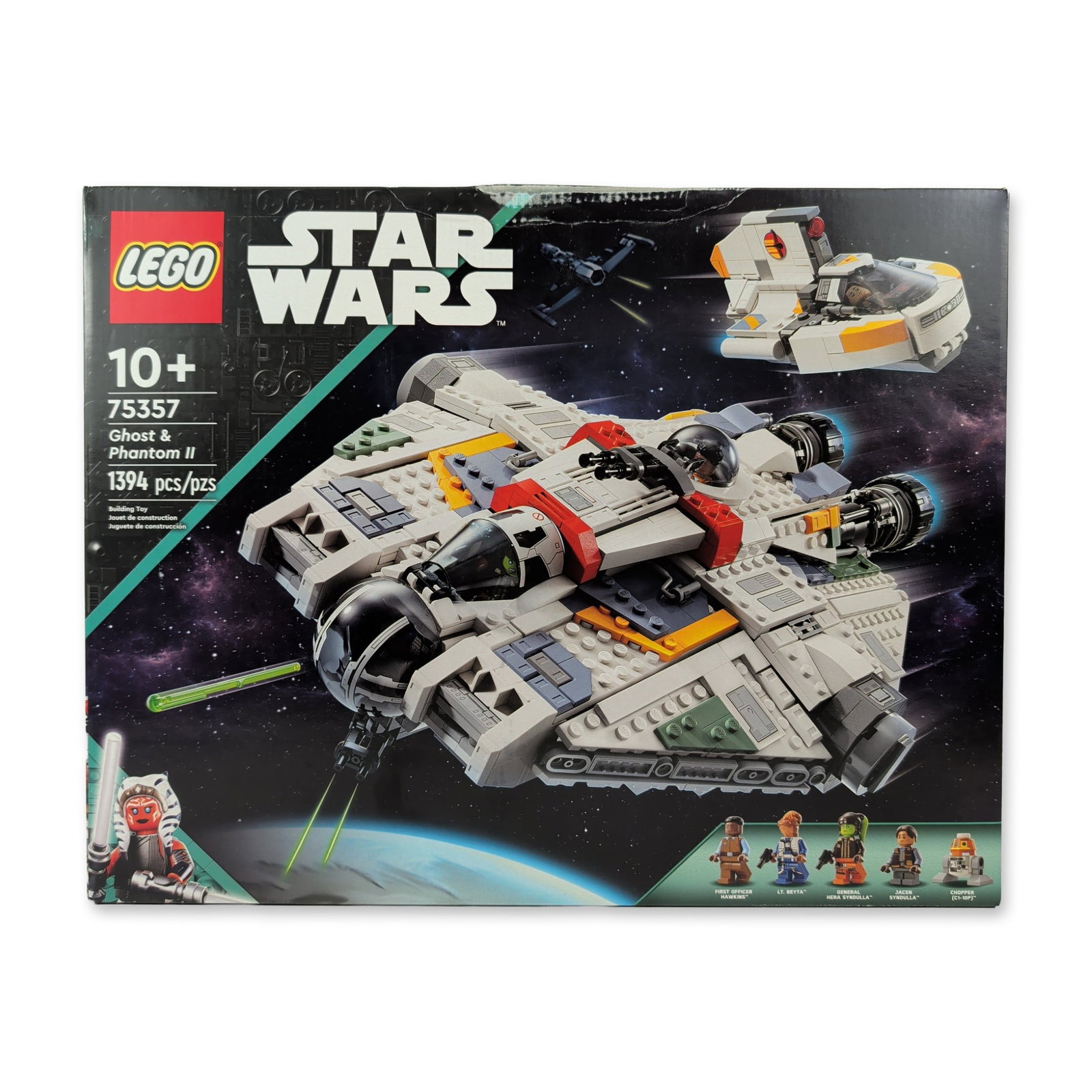 LEGO Star Wars Ghost & Phantom II Building Set 75357: LEGO Star Wars construction set, number 75357, featuring the Ghost starship and detachable Phantom II shuttle as depicted in the Disney series Ahsoka. Molded plastic construction. The set includes fiv